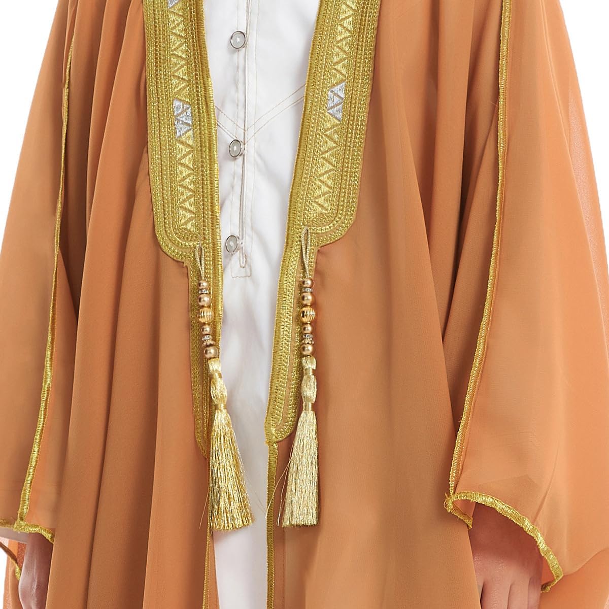 IDOPIP Muslim Thobe for Boys Islamic Arabic Kaftan Robe Ramadan Kids Long Sleeve Embroidery Tassels Open Front Cardigan Thobe