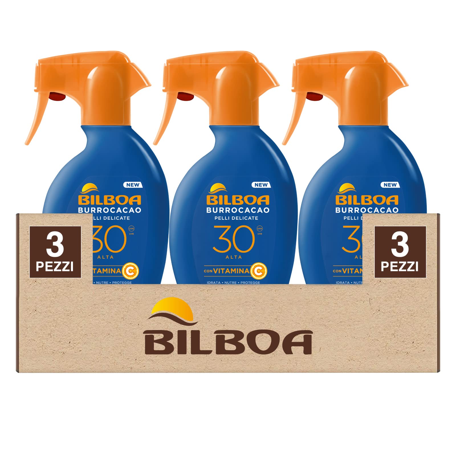 Bilboa Burrocacao Spray Solare Protezione Alta SPF 30 per Pelli Delicate con Vitamina C e Estratto di Zenzero Idrata Nutre e Protegge Abbronzatura Sana e Uniforme Ipoallergenico - 3 Flaconi da 250ml