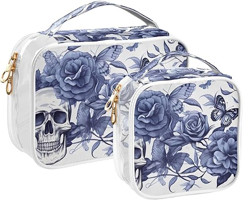 Skull Flowers Butterflies Clear Toiletry Bag for Traveling,2 Pack Makeup Cosmetic Bag with Zipper,Travel Bag for Toiletries,Travel Essentials