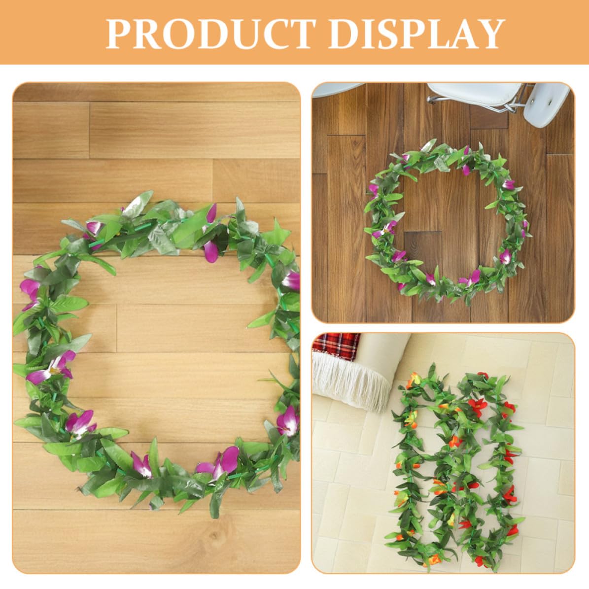 Healvian Juego de 12 Piezas de Collares Hawaianos Flores Vibrantes y Hojas Verdes, Decoracion Fiesta Verano para Celebraciones Tropicales y Hawaianas