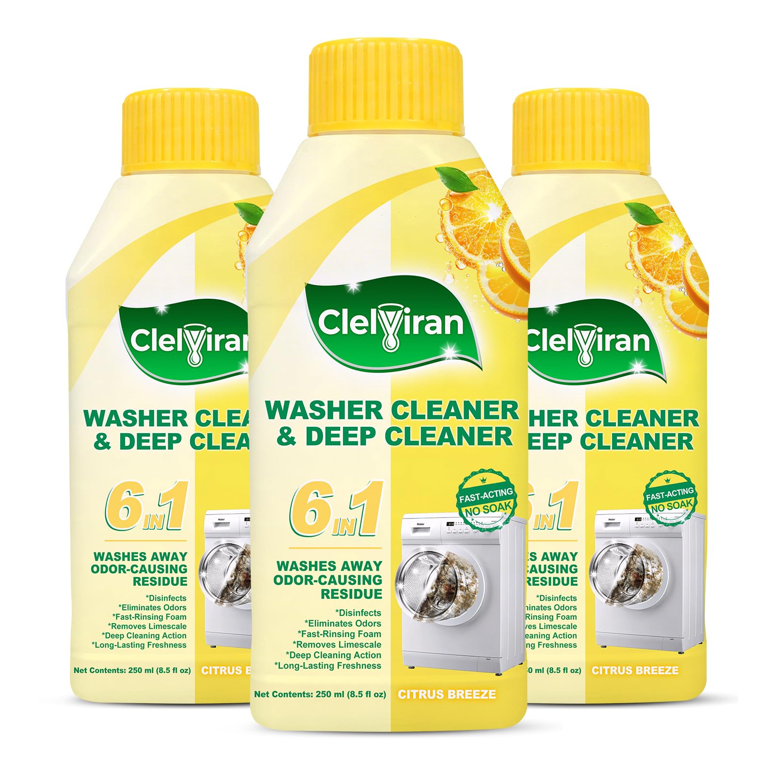 Washing Machine Cleaner Liquid, Powers Away Odor Causing Residue and Grime Deep Inside Pump, Valve and Hoses, 6 in 1 HE Washer Descaler (3 Pack)