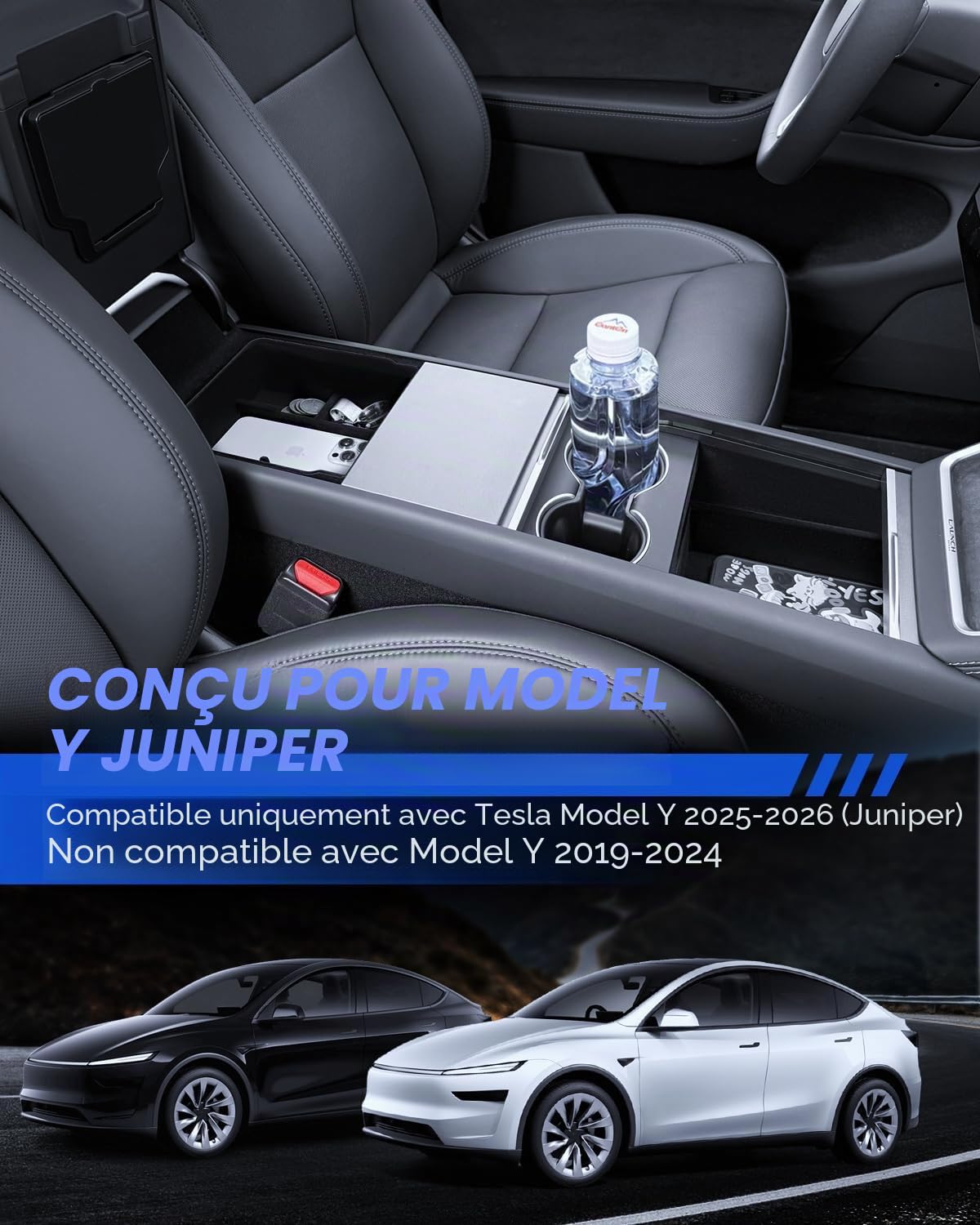5 pièces accessoires pour Tesla Model Y 2025-2026, console centrale Juniper, plateau organisateur en silicone, boîte de rangement pour accoudoirs, boîte cachée et porte-gobelet (Flocking)