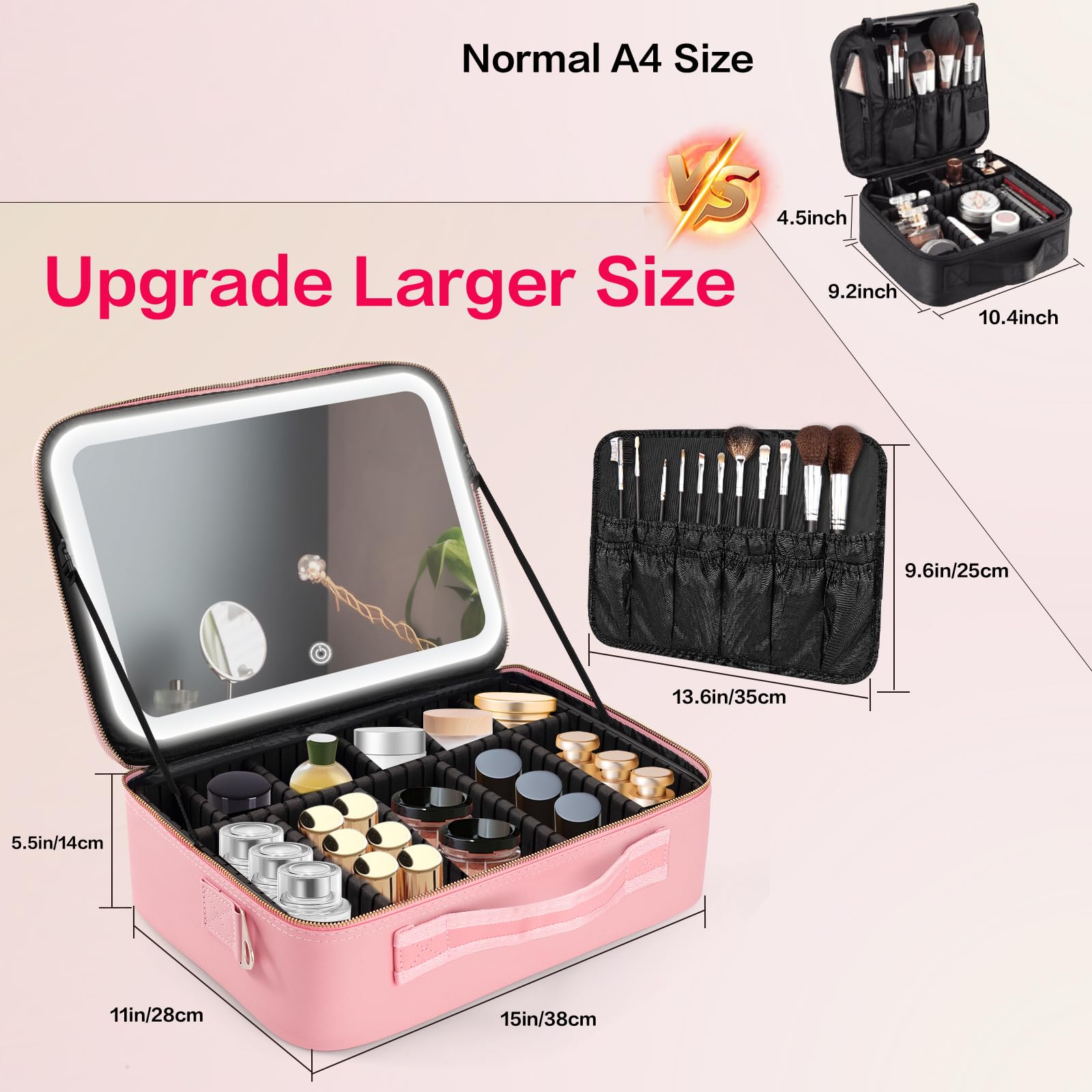 Large Makeup Bag with LED Mirror, Adjustable Dividers and Travel Straps