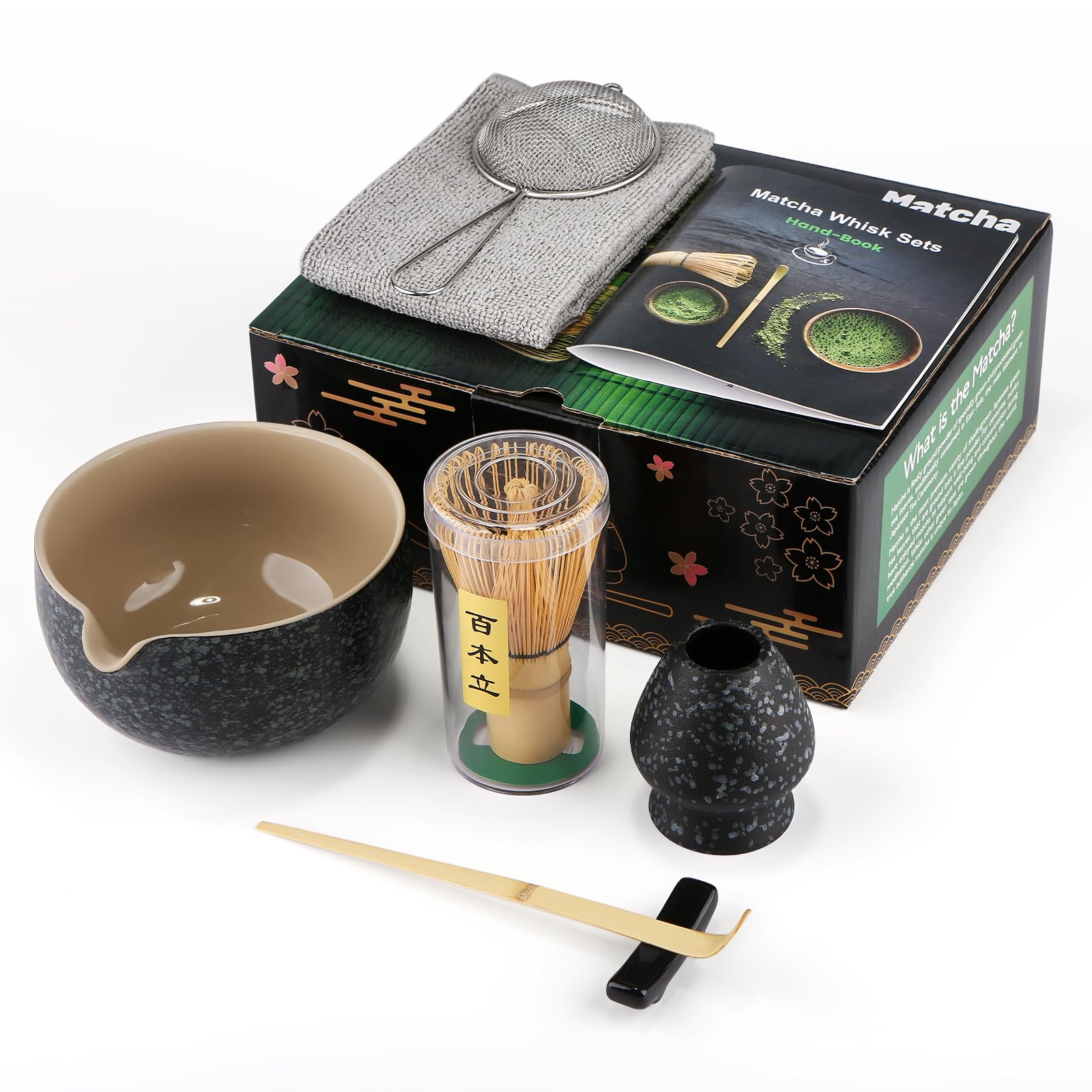 7 Piece Matcha Set, Fouet Matcha, Macha Tea Set with Matcha Spoon, Whisk Holder, Matcha Balai, Shovel, Strainer, Matcha Kit Traditional Japanese Tea Ceremony Best Gift for Lovers, Noir moucheté
