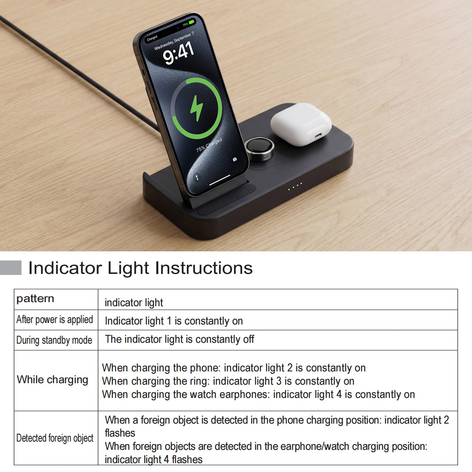Station de charge rapide 4 en 1 pour chargeur Oura Ring Gen3, chargeur pour iPhone 17/16/15/14/13/12, Apple Watch, AirPods, Samsung Galaxy S25/S24/S23/S22/S21, Galaxy Watch Buds (taille 7)