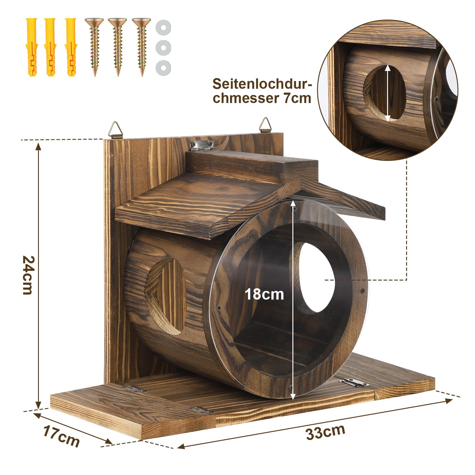 Eichhörnchen Futterhaus aus Holz, wetterfestes Dach, transparentes Fenster, für Bäume und Zäune