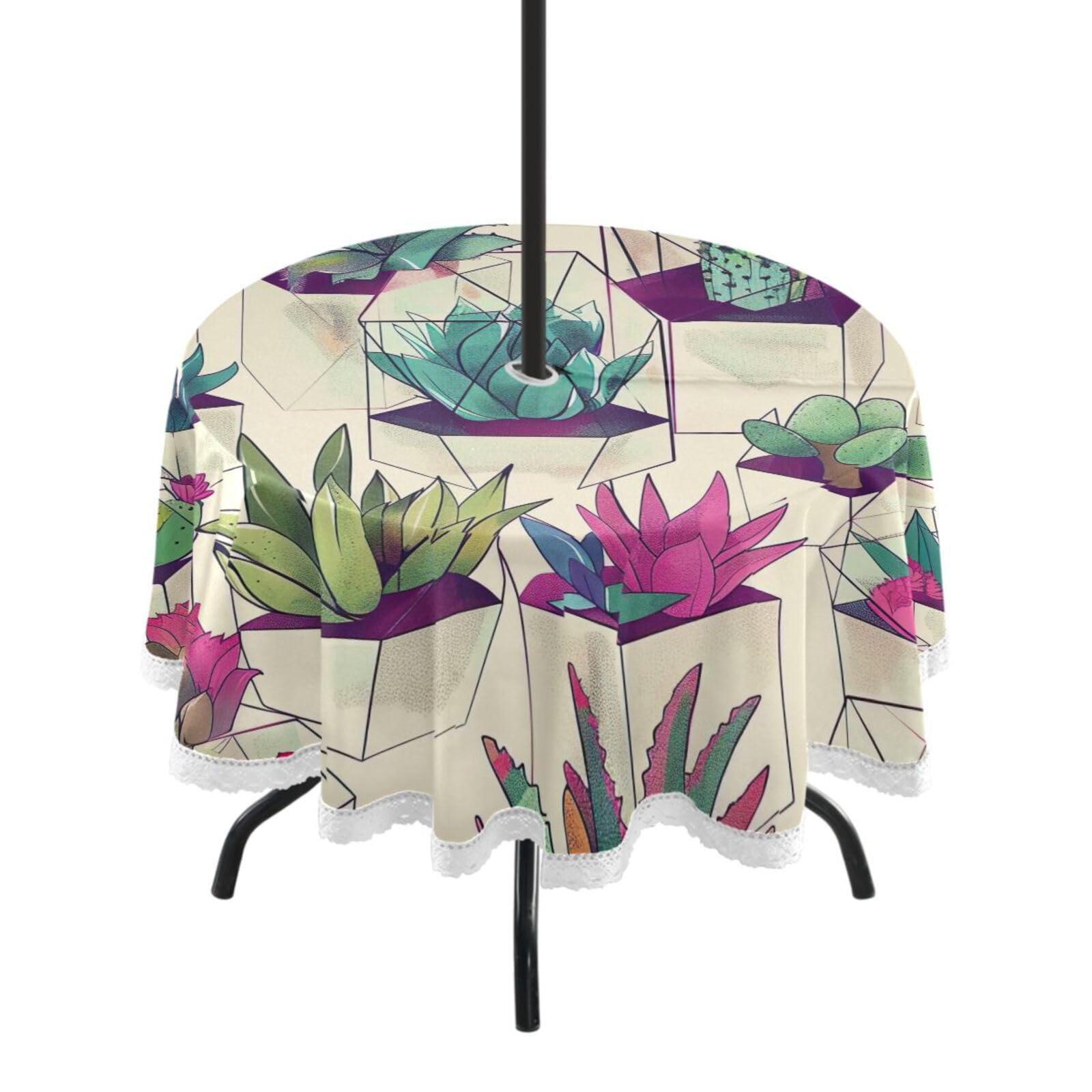 Wajiw 60 Inch Indoor Outdoor Round Tablecloth with Umbrella Hole and Zipper Waterproof Patio Table Cover for Camping Dining Room Party Outdoor Picnic,Cactus
