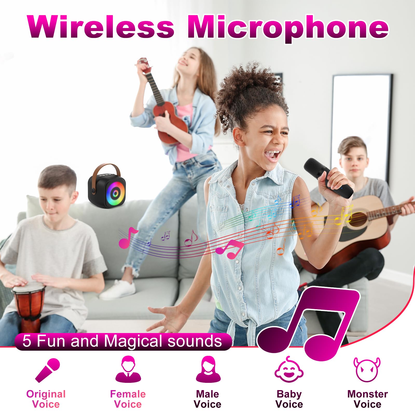 Mini macchina per karaoke, altoparlante portatile Bluetooth per karaoke con 2 microfoni wireless per bambini e adulti, regalo di compleanno per ragazze e ragazzi dai 4, 5, 6, 7, 8, 9, 10, 12 anni,