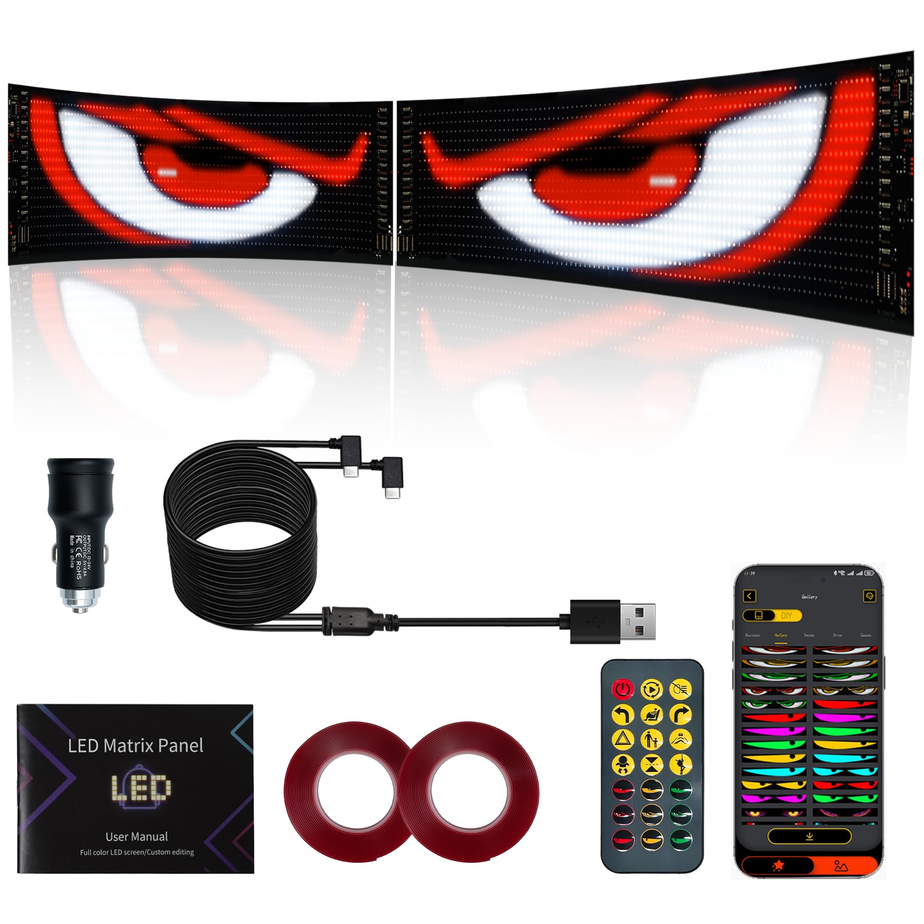 Looklight 2 sztuki Devil Eyes, oczy LED do samochodów ciężarowych i samochodowych (12 x 59,5 cm), elastyczny tekst przewijany LED, programowalny, pilot zdalnego sterowania i sterowanie aplikacją