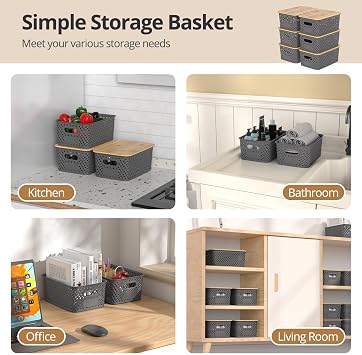 Plastic Storage Baskets With Bamboo Lid, Stackable Plastic Storage Boxes for Organizing Pantry Shelves Drawers Desktop Closet Playroom Classroom Office, 6 Pack (Grey)