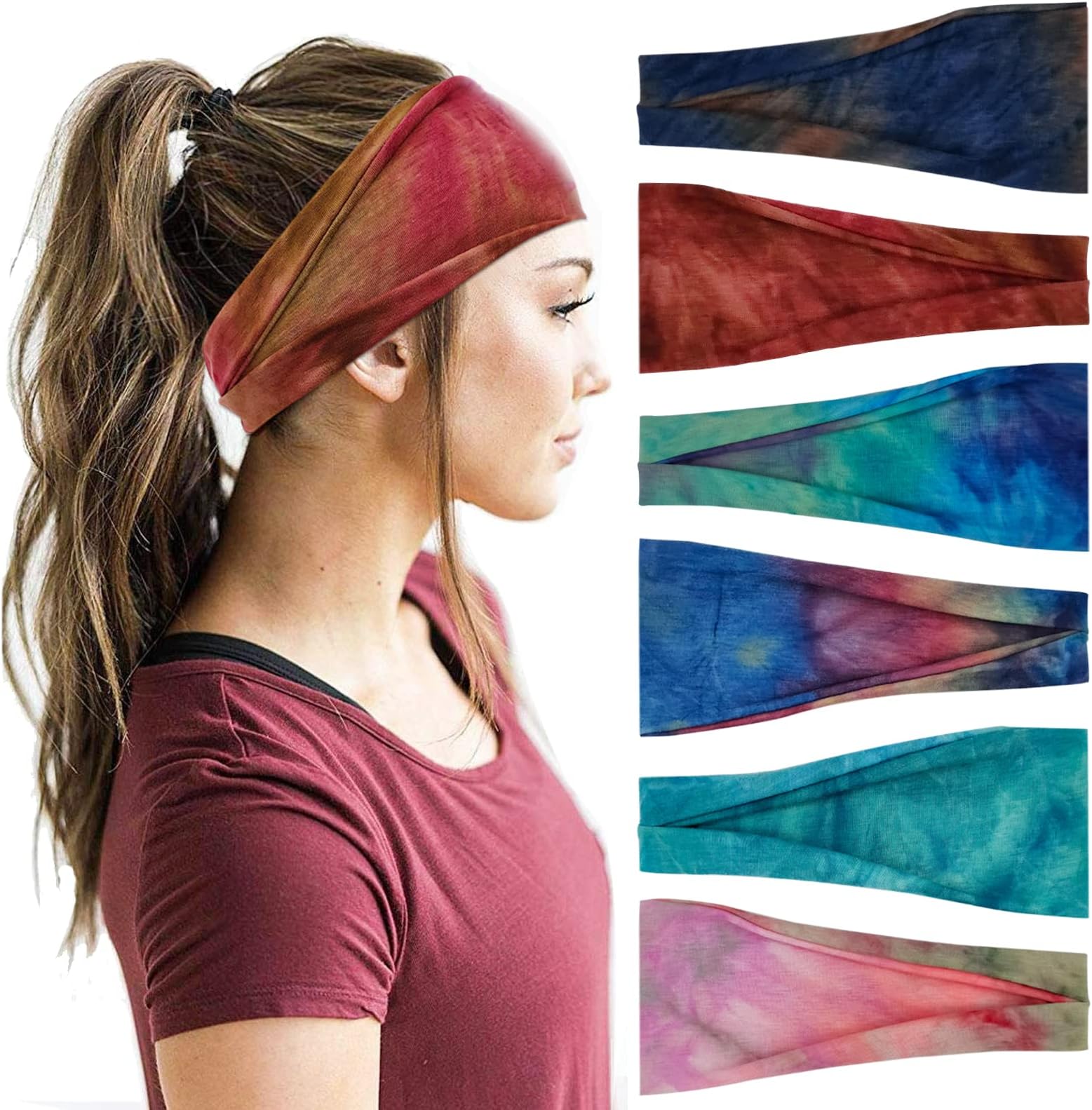 YONUF Headbands For Women Workout Wide Headband Yoga Head Bands For Women's Hair Accessories Fashion Band Tie Dye 6 Pack
