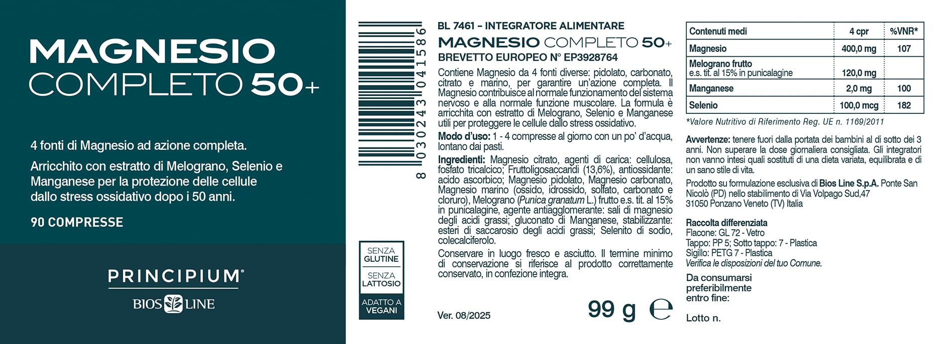 Bios Line Principium Magnesio Completo Brevettato 50+ Compresse, Integratore Alimentare, Magnesio, Selenio, Manganese e Melograno, 90 Compresse
