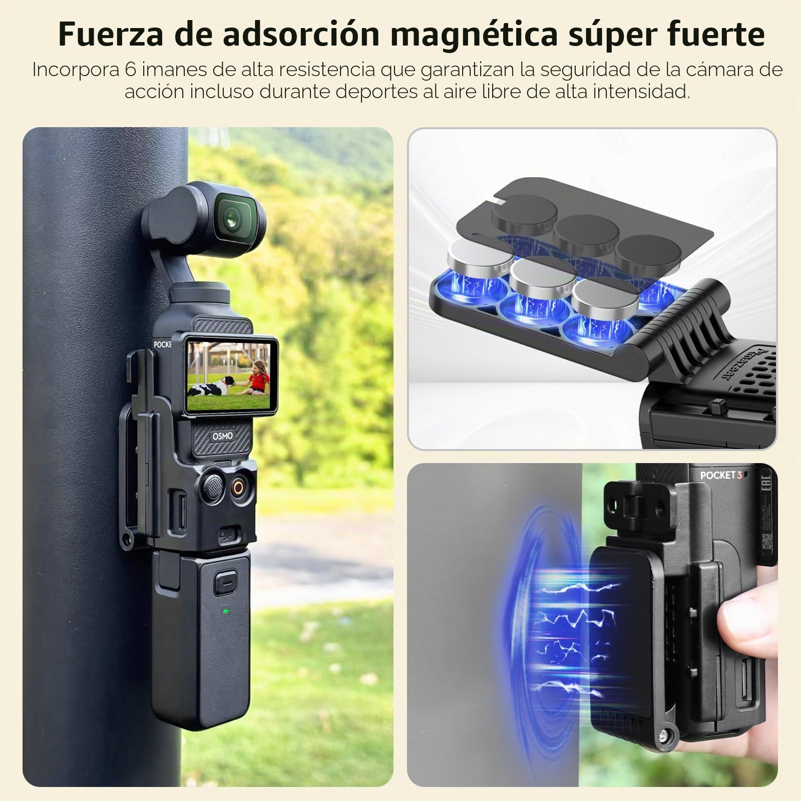 AMAZEAR Soporte de montaje magnético y cubierta protectora de lente de cardán para DJI Osmo Pocket 3, accesorios mejorados Pocket3, soporte magnético superfuerte con ventosa