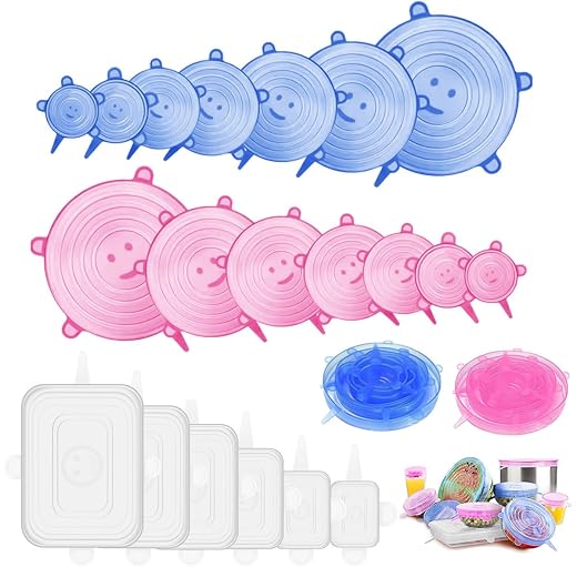 18 piezas Tapas de silicona elásticas, cubierta de silicona reutilizable, sin BPA, tapa universal de 6 tamaños diferentes para microondas, horno, nevera, lavavajillas