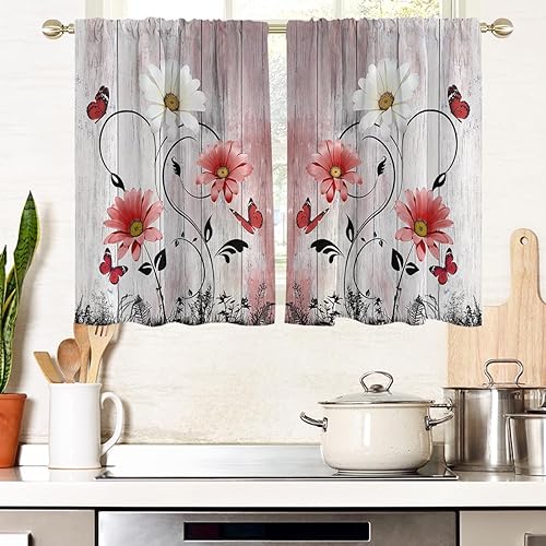 Miniatura 18 de AAtter Cortinas florales amarillas para ventana de cocina, diseño abstracto de margaritas blancas botánicas, pequeñas y cortas, para el hogar, sala