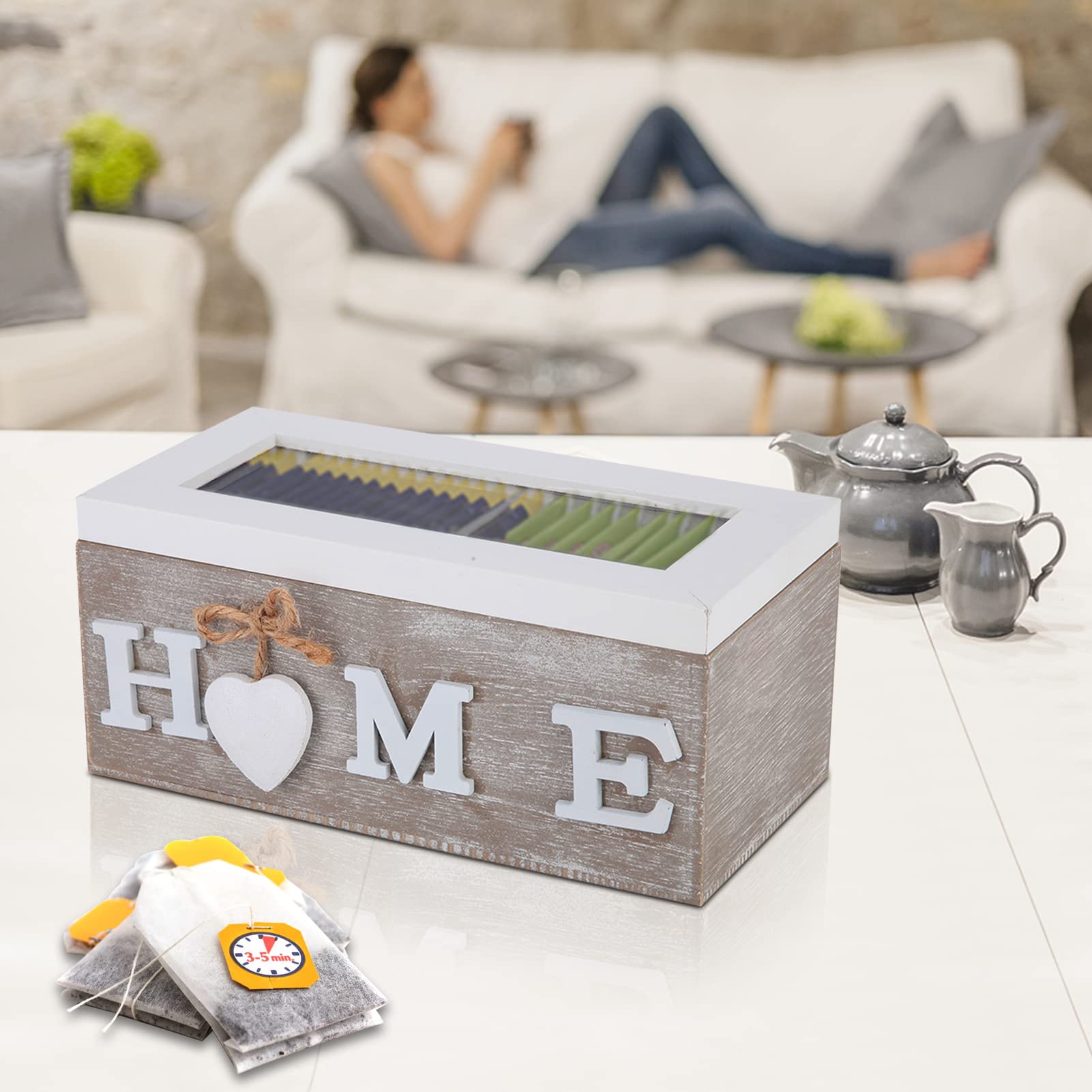 Organiseur De Sachets De Thé, Boîte à Thé En Bois Avec Compartiments, Support De Rangement Pour Sachets De Café Et De Thé