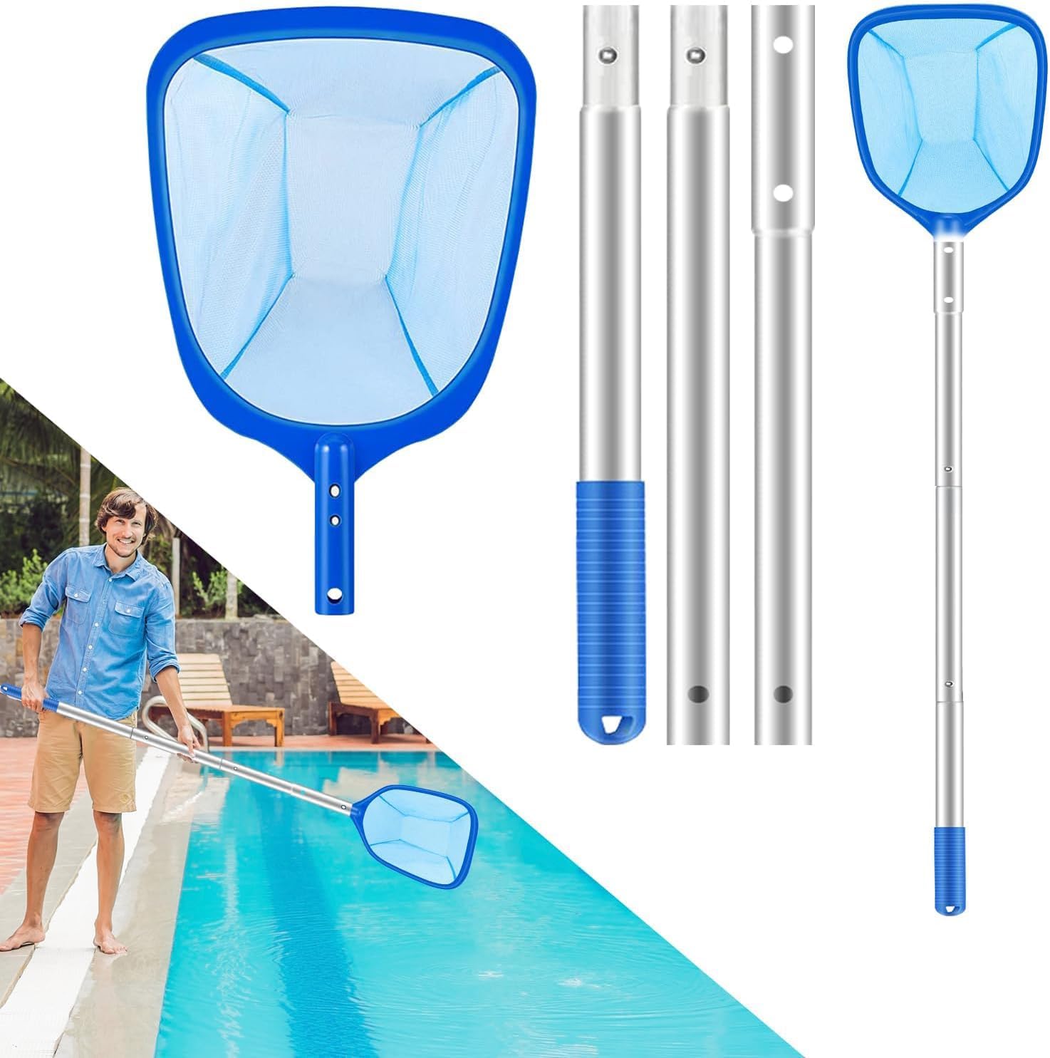 Luteti Pool Skimmer Net - 140cm Pond Leaves Cleaning Fine Mesh Rake Net - 3 x Detachable Intensify Aluminum Pole, Ponds Leaf Cleaner Supplies Swimming Pool Skimmers for Aquarium/Fountain/Hot Tub/Tank-image-8