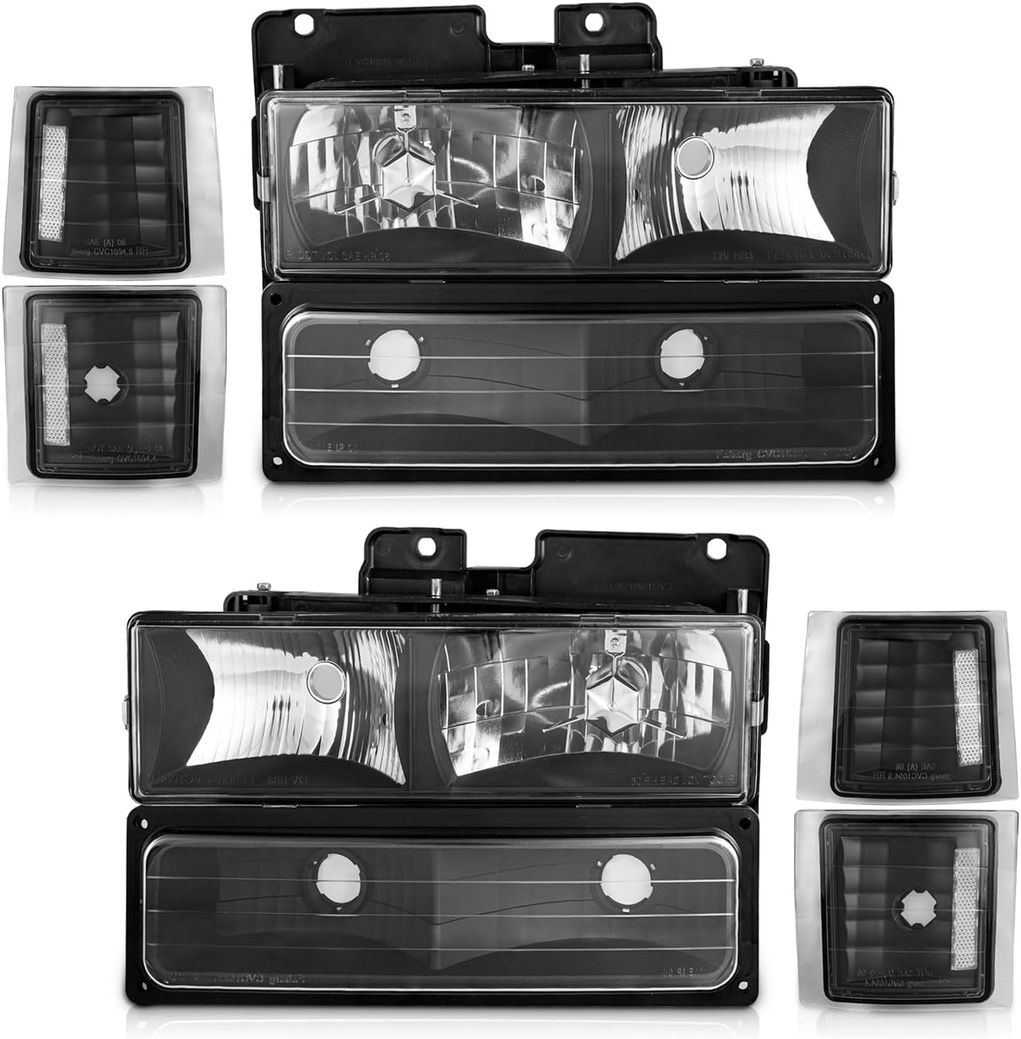 WEELMOTO Headlights Assembly for 1994-1998 Chevy C10 C/K 1500 2500 3500 Tahoe/Suburban/Silverado, 92-94 Blazer Pickup w/Corner and Bumper Light Clear Lens Black Housing Clear Reflector