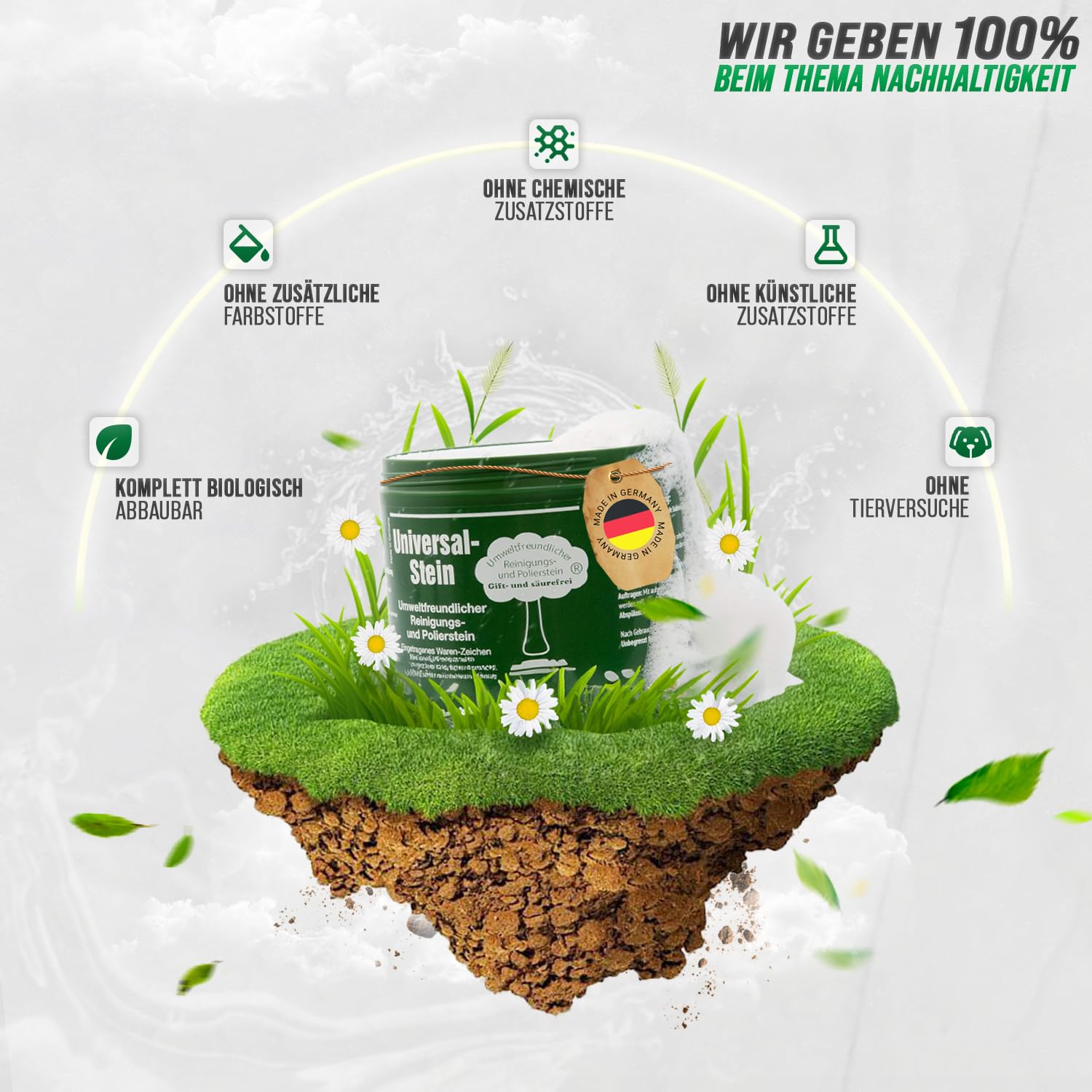 Zielinsky Universal-Stein, grüner Stein, Putzstein, Reinigungsstein - Haushaltsdose, 1er Pack (1 x 900 g + 2 gratis spezial Schwämme)