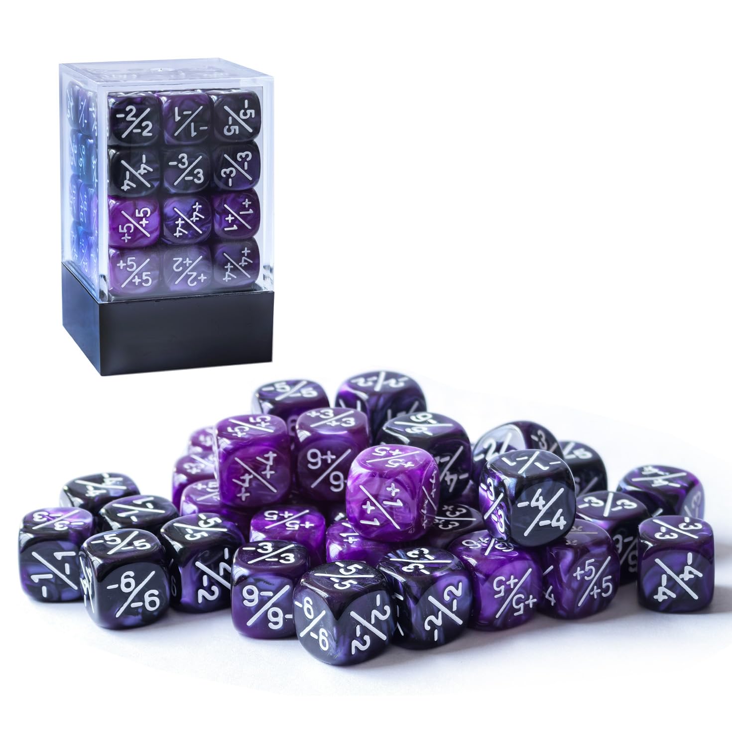 Set di 36 contatori per dadi positivi e negativi da 12 mm in marmo viola e nero Gemelli, dadi a gettone piccolo compatibili MTG, CCG, giochi di carte