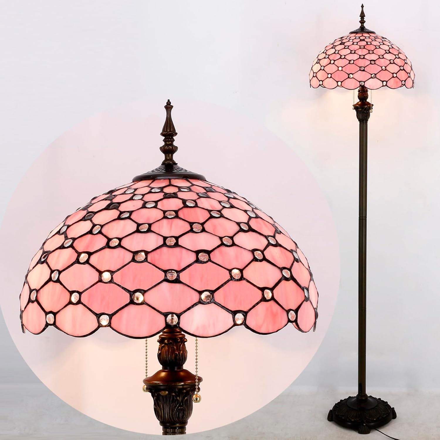 WERFACTORY Tiffany Floor Lamp Pink Stained Glass Bead Standing Reading Light 16X16X64 Inches Antique Pole Corner Lamp Decor Bedroom Living Room Home Office S005P Series