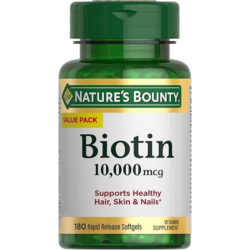 Nature's Bounty Biotin Hair Skin and Nails Vitamins, Supports Healthy Hair, Skin and Nails, 10,000 mcg, Rapid Release Softgels, 180 Ct