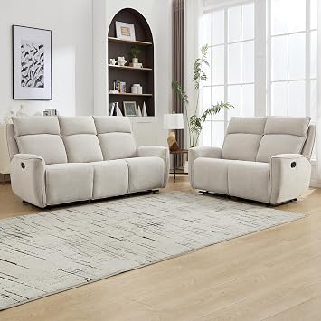 INZOY Manual Loveseat Recliner Sofa Set, Wall-Hugger Reclining Living Room Furniture Set, Chenille 2-Seater Recliner Chair and 3-Seat Reclining Sofa Couches for Office, Villa, Beige,2+3