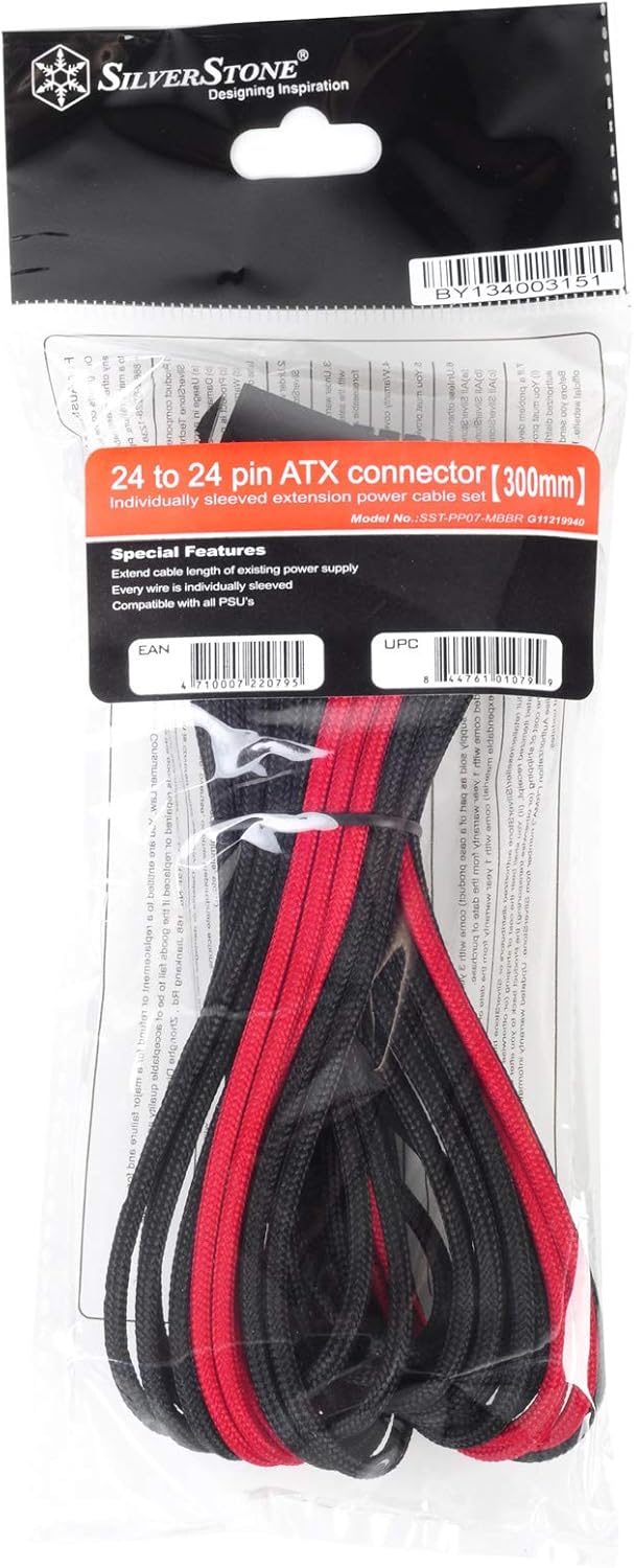 Silverstone Tek Sleeved Extension Power Supply Cable with 1 x Motherboard 24 Pin Connector (PP07-MBBR)
