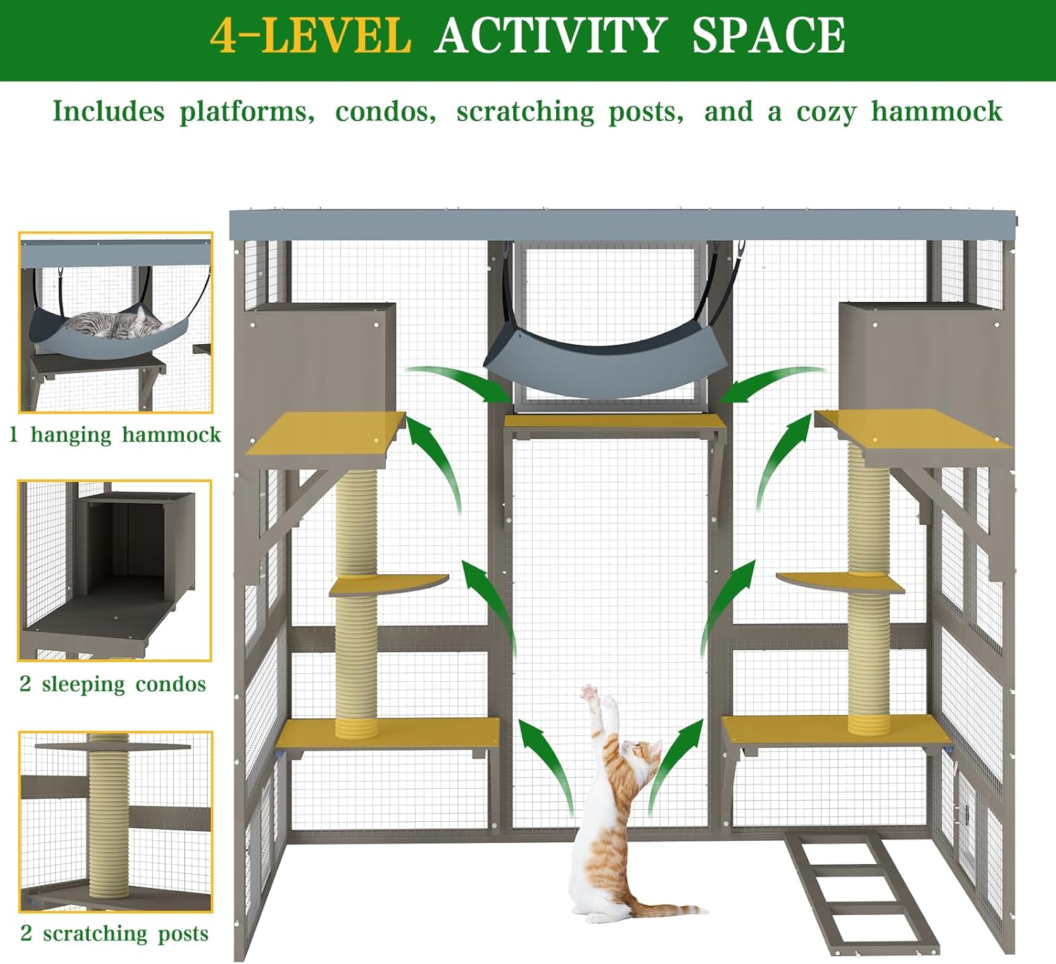 Large Catio Outdoor Cat Enclosure, 61" H Cat House Kitty Cage for Multiple Indoor Outdoor Cats, Outside Patio with Multi-Level Platforms, Scratching Post, Waterproof Roof