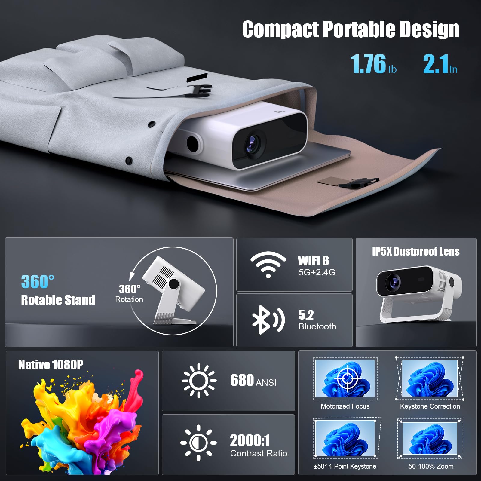 Wielio Smart Projector Built-in Apps, Native 1080P WiFi 6 Bluetooth 5.2, Low Fan Noise (<30dB), Home Cinema Projector for iOS/Switch /PS5 — view 2