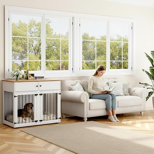 Miniatura 3 de Perrera de madera para perros de 41 pulgadas, muebles para perros con muebles estilo jaulas y mesa para perros medianos, divisor extraíble, puertas