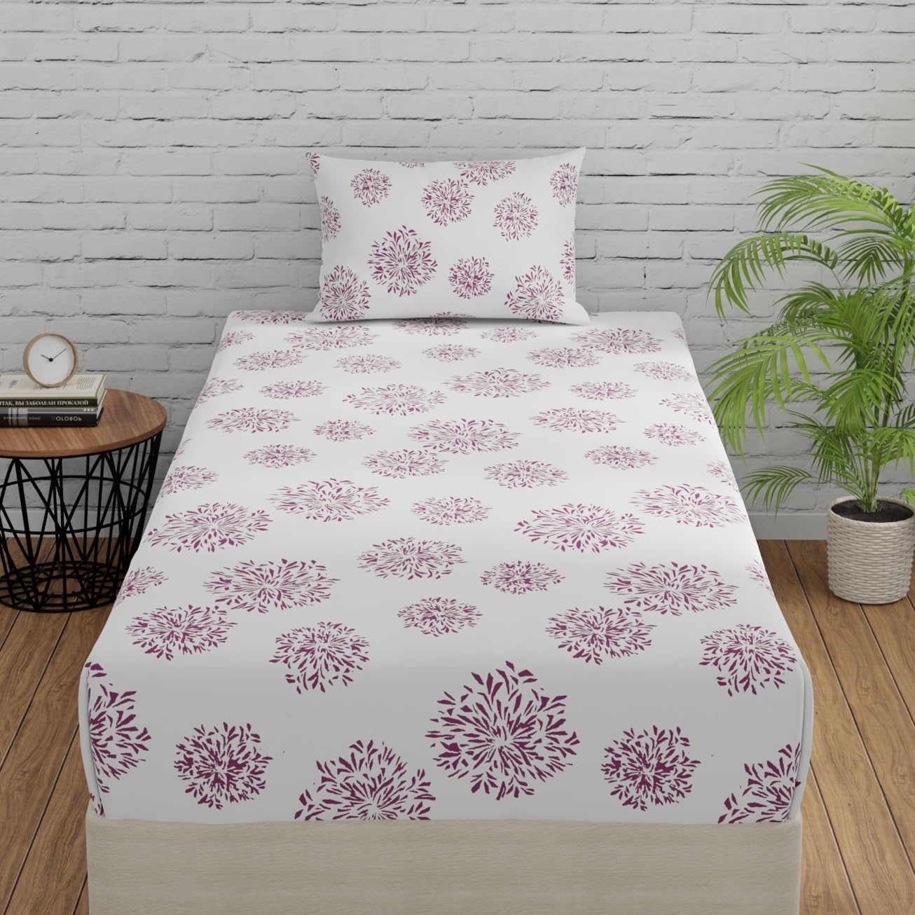 Huesland by Ahmedabad Cotton 144 TC Fitted Cotton Bedsheet Single Bed with 1 Pillow Cover | 36x78 inches | White (Mauve Print) (B0BVMJW24H) Amazon Price History, Amazon Price Tracker