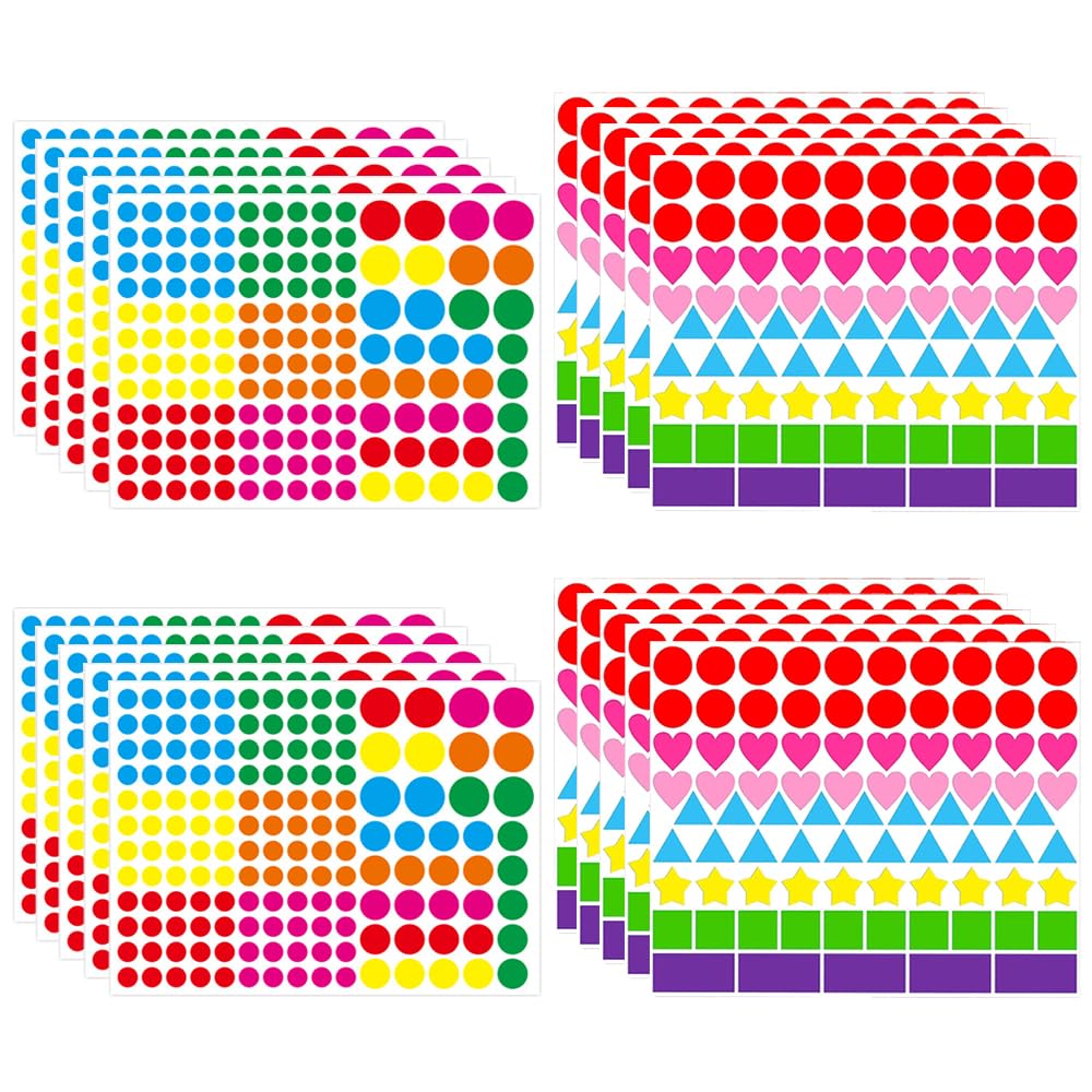 2410 Pack Shaped Coloured Stickers 8 Colors 6 Shapes Dot Stickers Heart & Stars Sticky Coding Labels Sticker for Kids Student Classroom Office