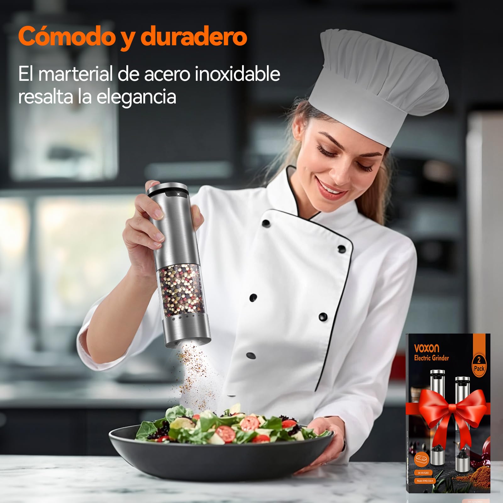VOXON Molinillo Pimienta Eléctrico Set de 2, Salero y Pimentero con Recarga USB, 5 Niveles Ajustables, Pimentero Eléctrico Automático con Luz LED – Saleros de Cocina para BBQ y Hogar