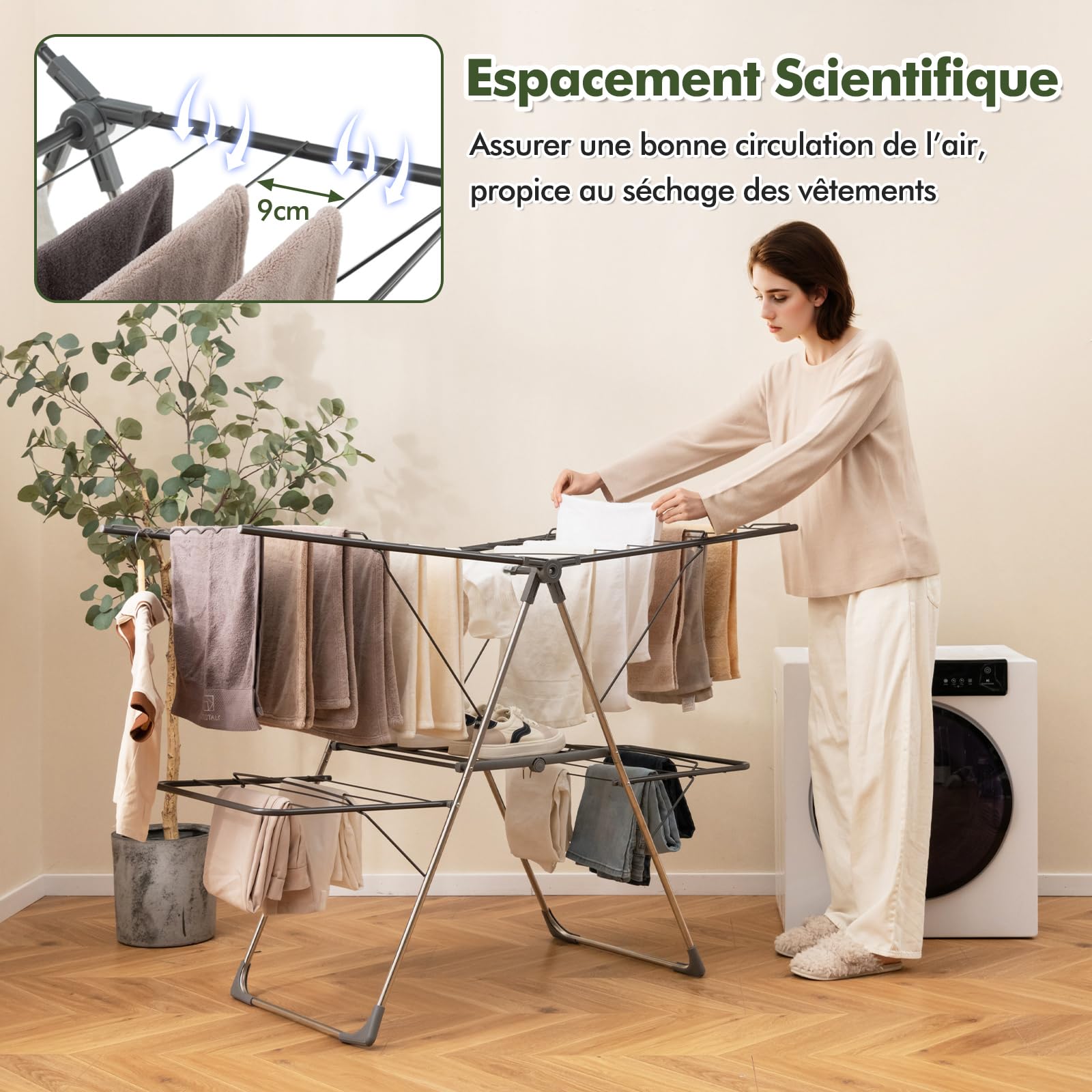 COSTWAY Etendoir Linge Pliable, Sechoir a Linge Pliable 33 Barres, Pieds en Acier Inoxydable, Hauteur Réglable 75-130 cm, Pinces à Chaussettes, Tancarville Seche Linge Intérieur Extérieur