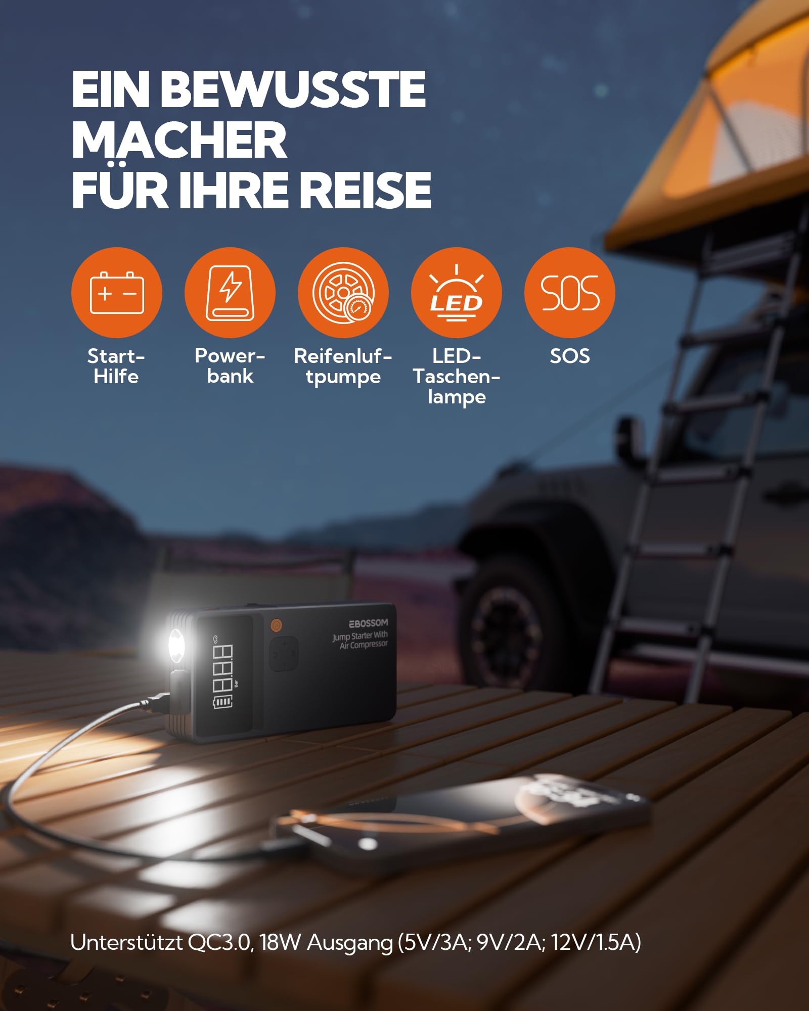 Starthilfe Powerbank für PKW mit 7 in 1 Portablem Luftkompressor,Powerpack kfz Booster mit 12000 mAh,Auto Jump Starter Batterie mit LED Lampe und USB-C Ladung,Reiseset und Notfallwerkzeug