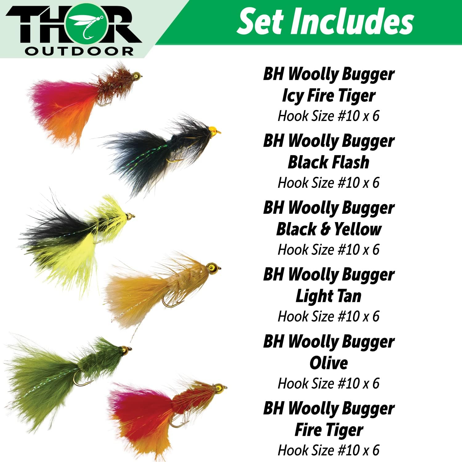 Thor Outdoor BH Woolly Bugger Streamer Fly - 12 Pc Set - Fire Tiger, Light Tan, Olive - Wet Flies for Bass, Panfish, Trout - Hook Size #10 : Sports & Outdoors