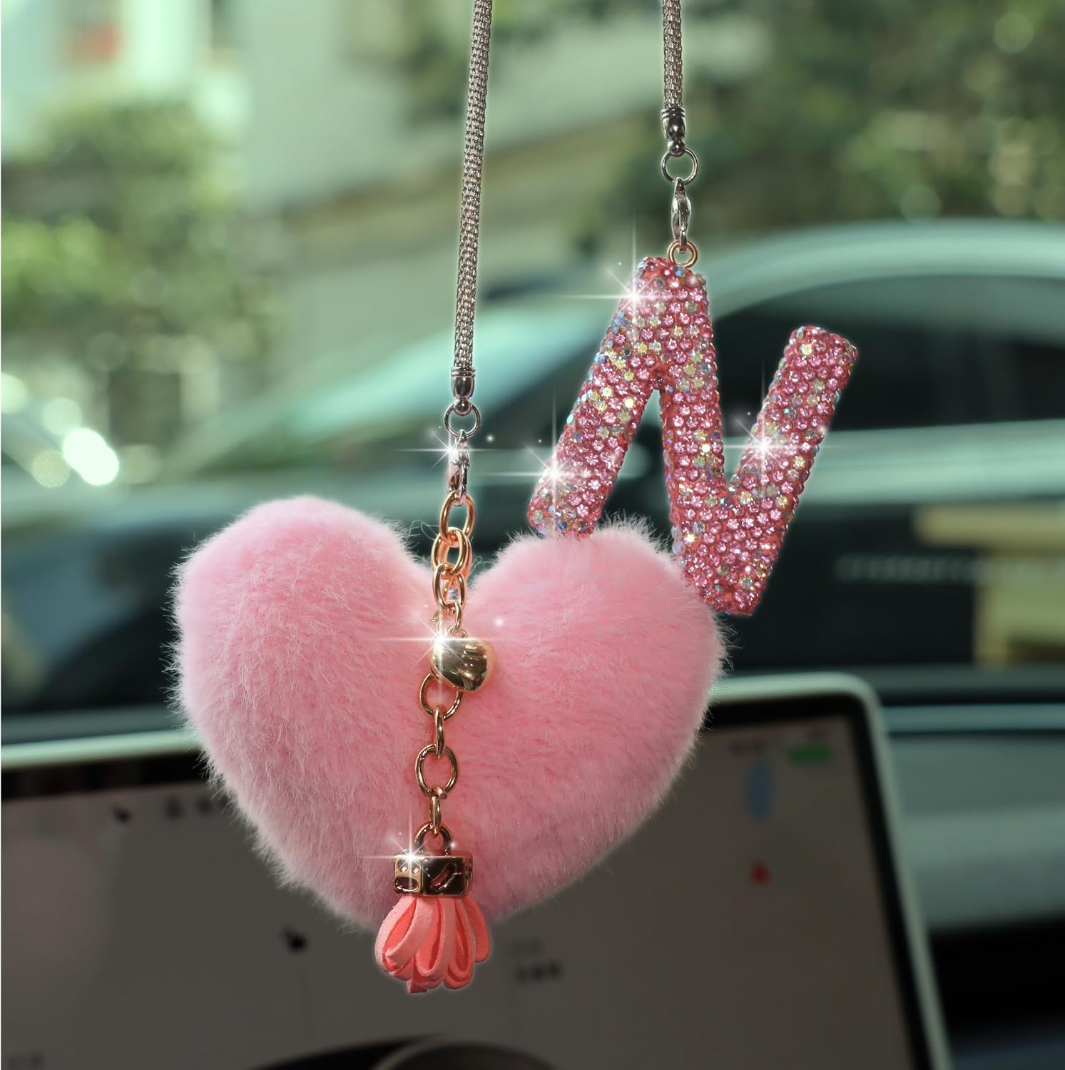 Bling Pink Car Accessories for Women Letter Charm, Rainbow Color Rear View Mirror Cute Crystal Pendant Car Decorations, Lucky Gifts Diamond Rhinestone Charm Interior (N, Tassel Heart) image 2
