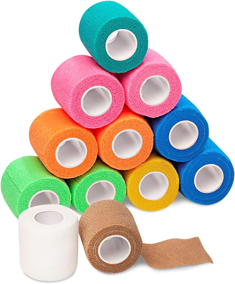 California Basics 12-Pack, 2? x 5 Yards, Self-Adherent Cohesive Tape, Strong Sports Tape for Wrist, Ankle Sprains & Swelling, Self-Adhesive Bandage Rolls, FDA Approved, Assorted Neon Colors,