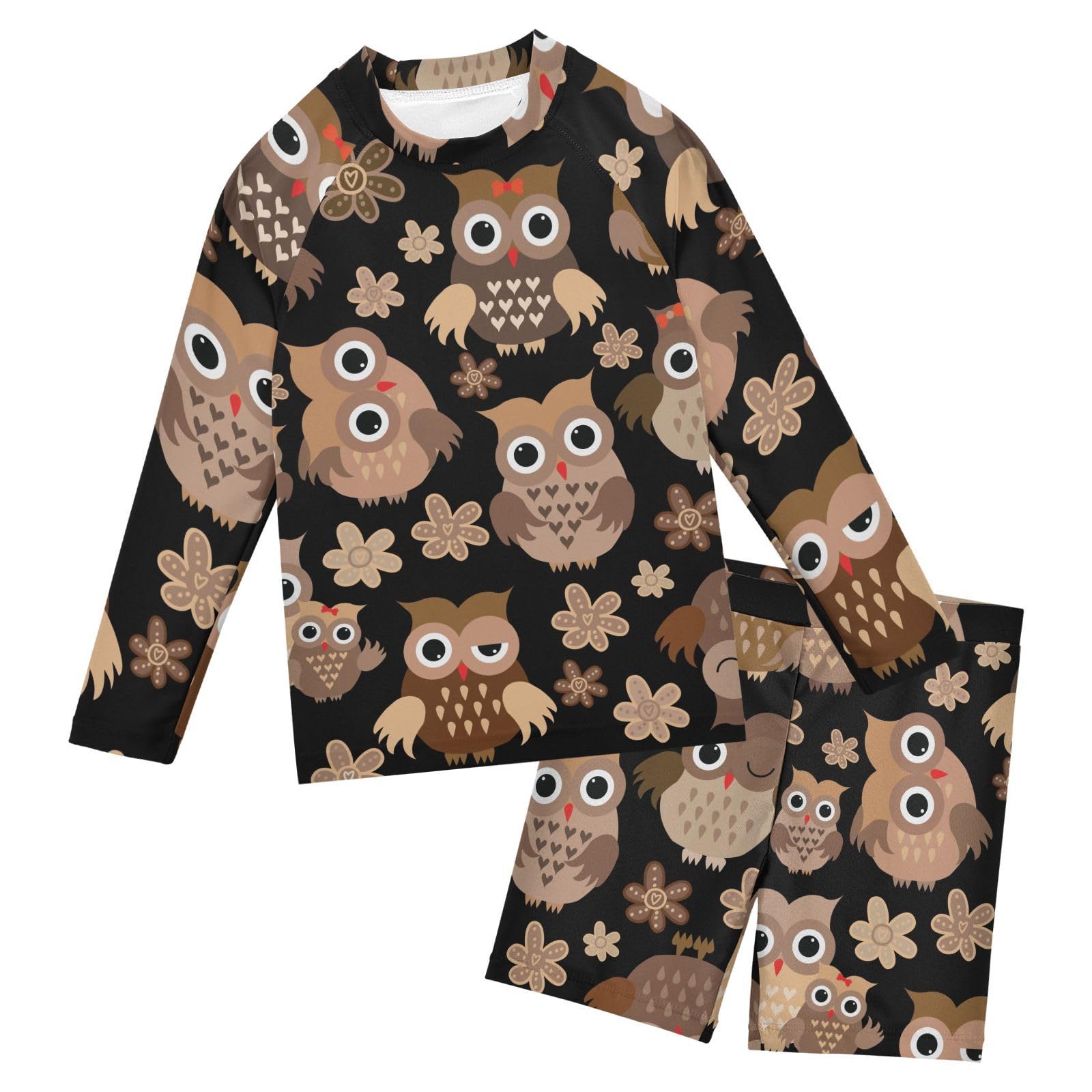 Aflyko Boys' Rash Guard Set Brown Flower Owl SPF 50+ Sun Protection Swimsuit