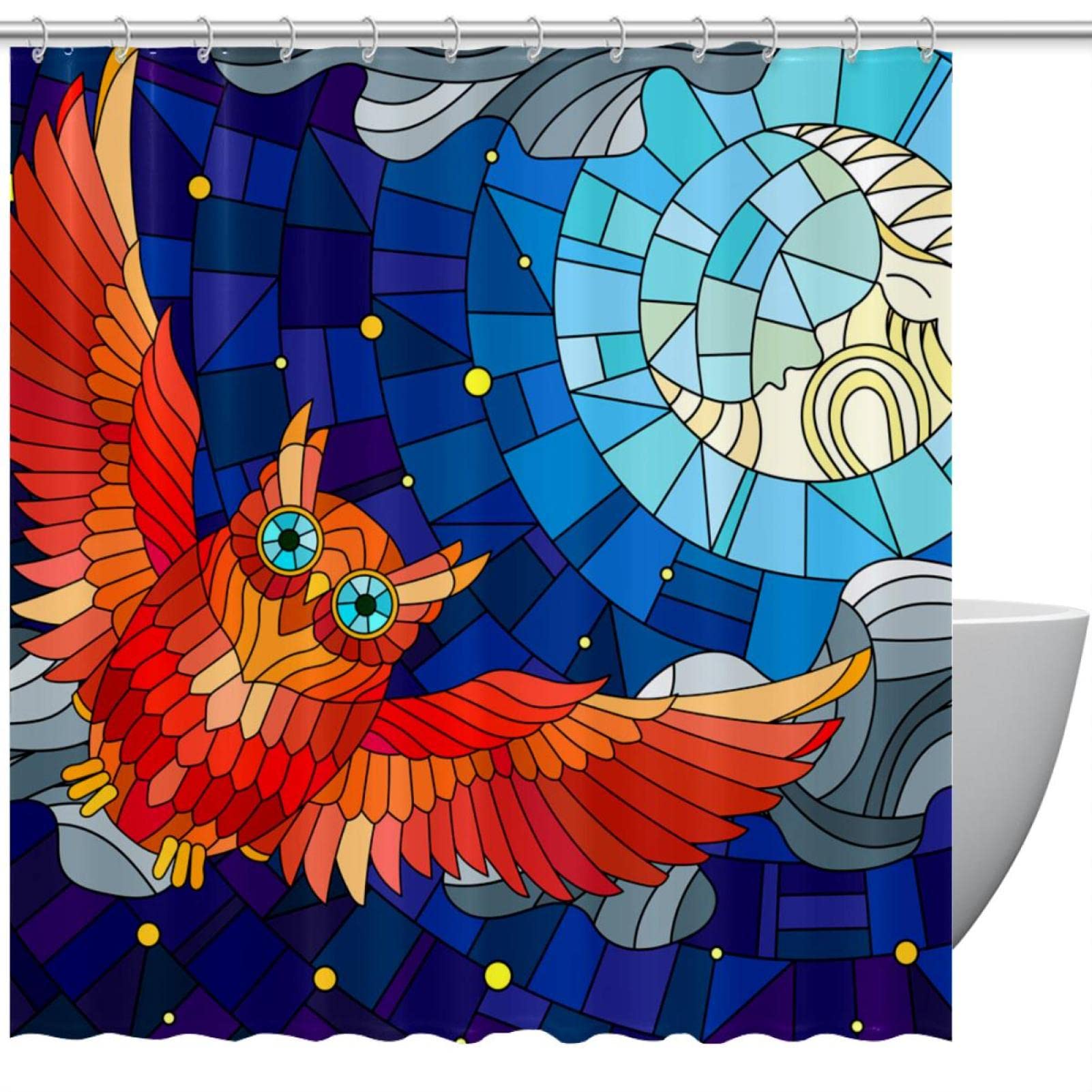 Rideau de douche effet vitrail d'art hibou bleu en textile lourd de qualité supérieur