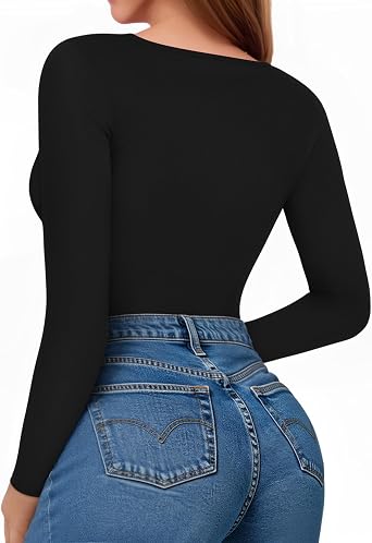 MANGOPOP Women's Long Sleeve Crew Neck Bodysuit Ribbed Basic Tops