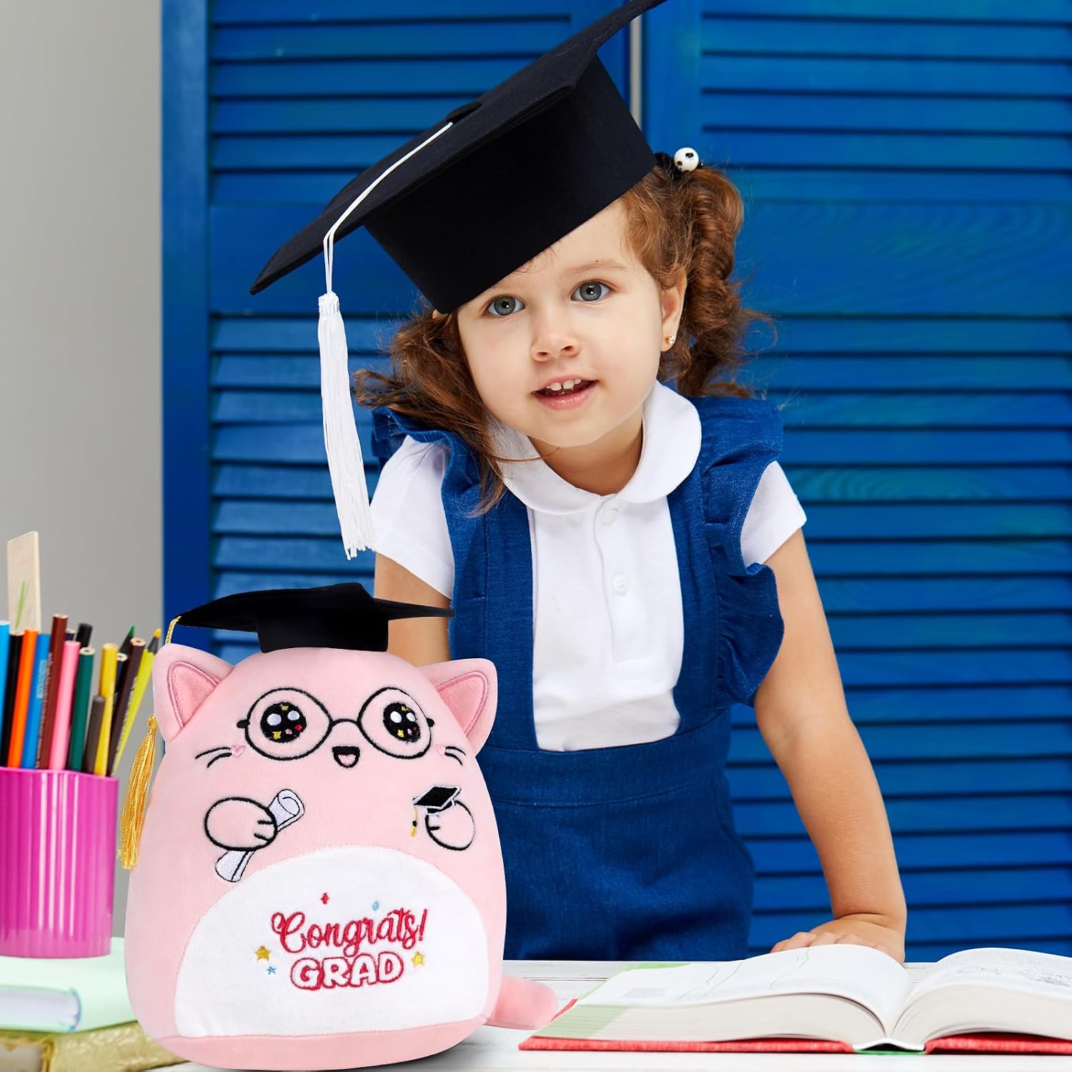 Graduation Stuffed Animal 2026, Congrats Grad Kindergarten Pink Cat Plush Pillow with Black Cap, Class of 2026 Preschool Kitten Plushies Toy Cute Elementary School Grad Gifts Girls(8 Inch)