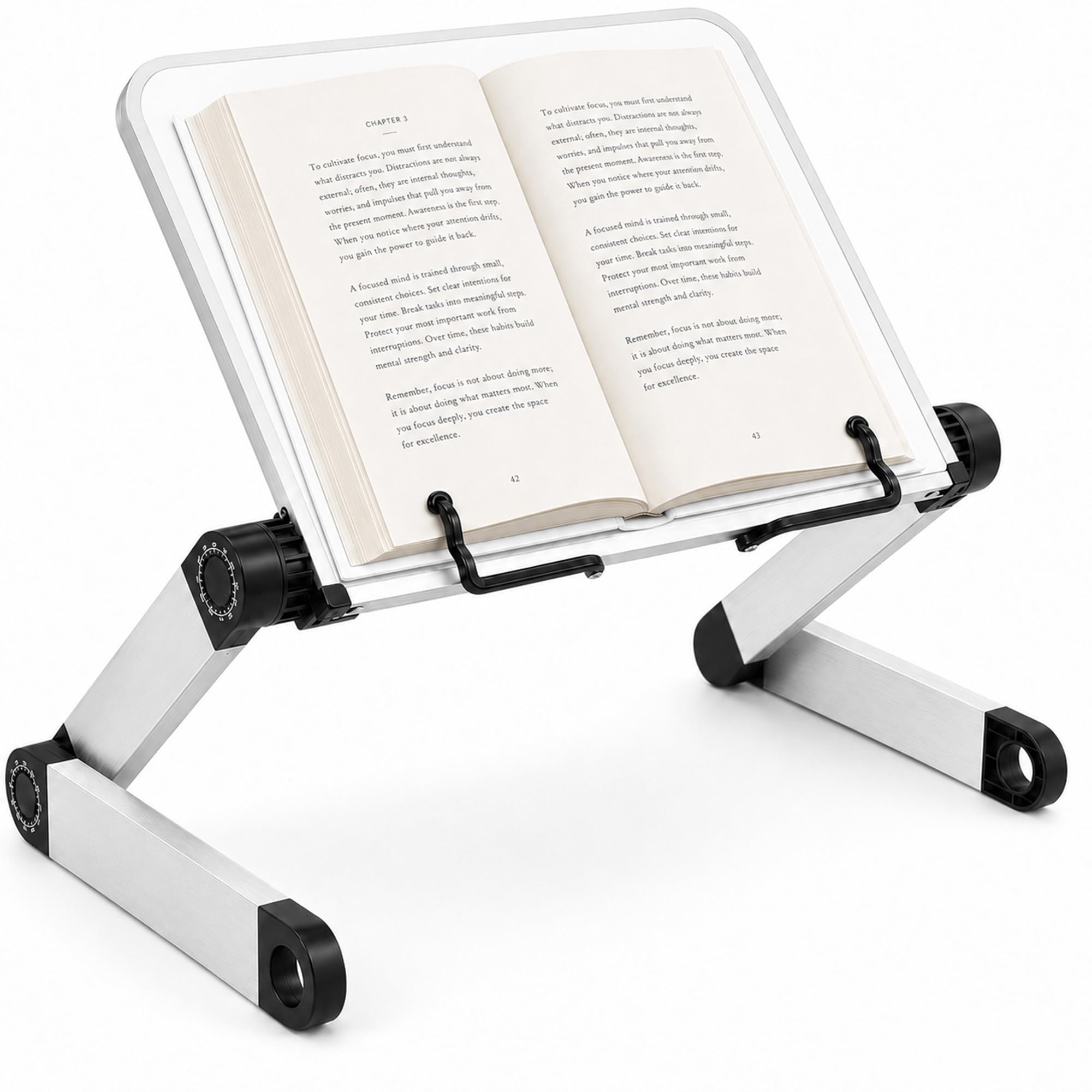 Atril para Libros Ajustable en Altura, Soporte de Lectura Plegable de Sobremesa con Brazos de Aluminio y Ajuste, Atril de Lectura con Clips para Libros Gruesos, Recetas, Tablet, iPad y Portátil