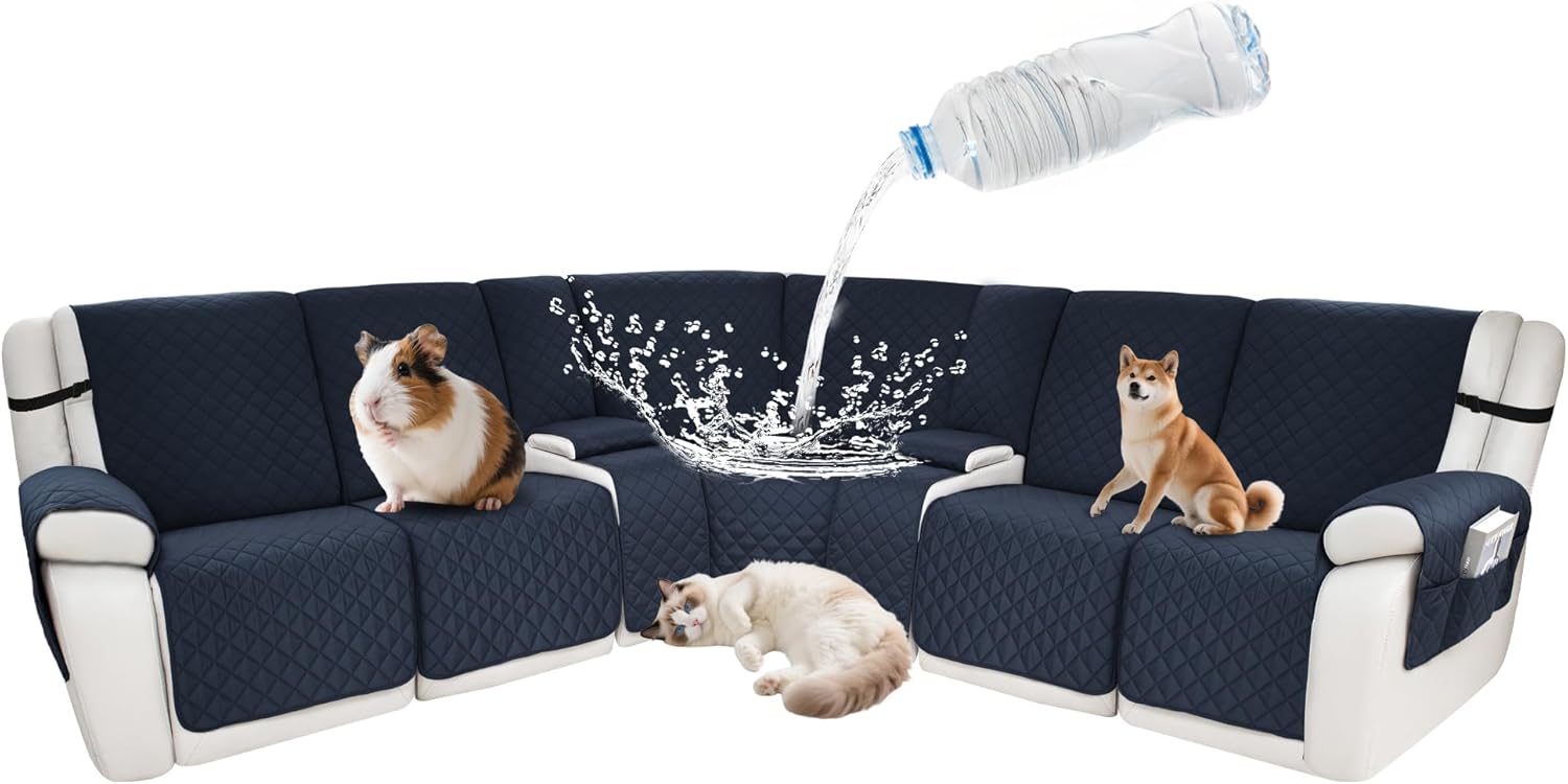 Waterproof Sectional Reclining Couch Covers L Shaped Recliner Sectional Sofa Cover 9 Piece Non Slip Washable Corner Recliner Slipcover Set for Pet Dog (5 Seater 2 Console Cover, Navy Blue)