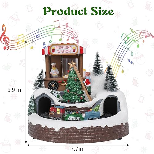 Miniatura 2 de Bshine Decoración de pueblo navideño, tren giratorio y árbol de Navidad, adornos musicales de Navidad con luces LED para decoración de escritorio