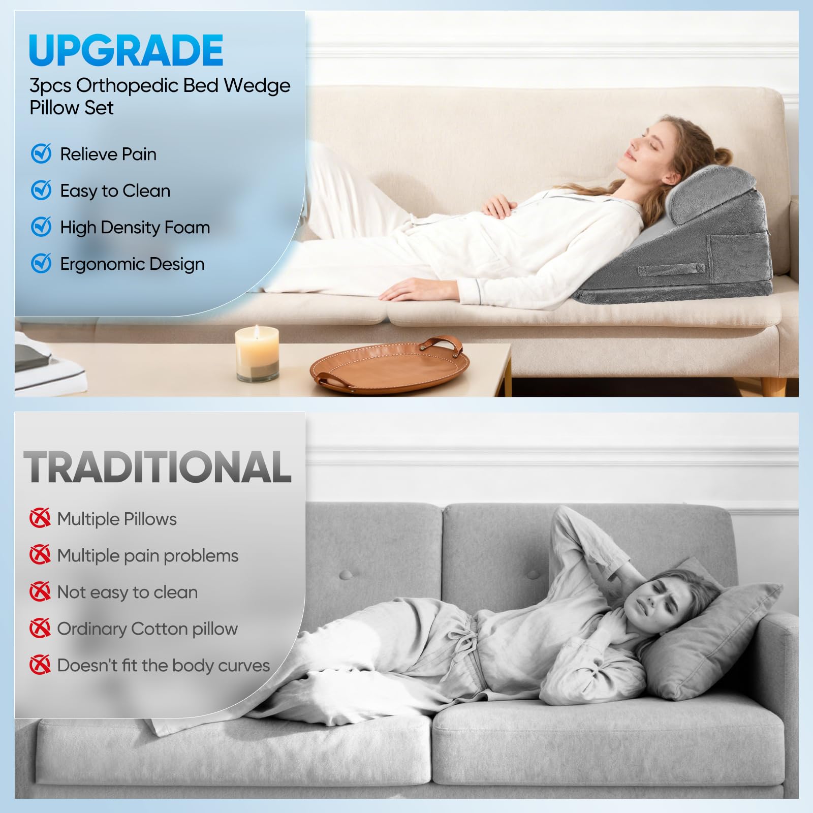 Cuscino inclinato per letto, cuscino tTriangolare in Memory di forma per apnea del sonno, cuscino da lettura per apnea del sonno, reflusso acido, elevazione delle gambe, grigio