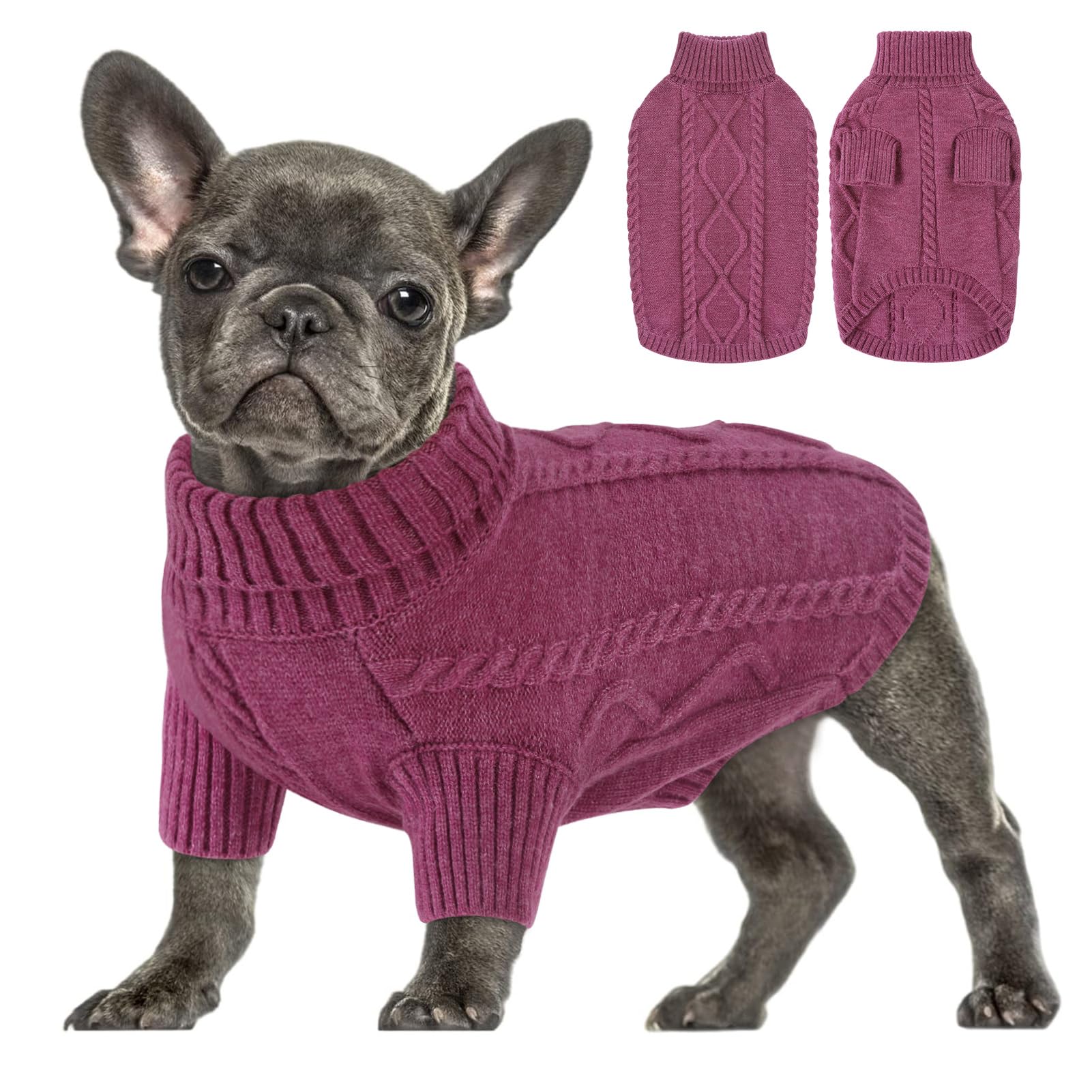 Queenmore Maglioncino Cane Bassotto Caldo Elastico Collo Alto Ritorto per Chihuahua, Bulldog Francese, Barboncino - Taglia L, Prugna