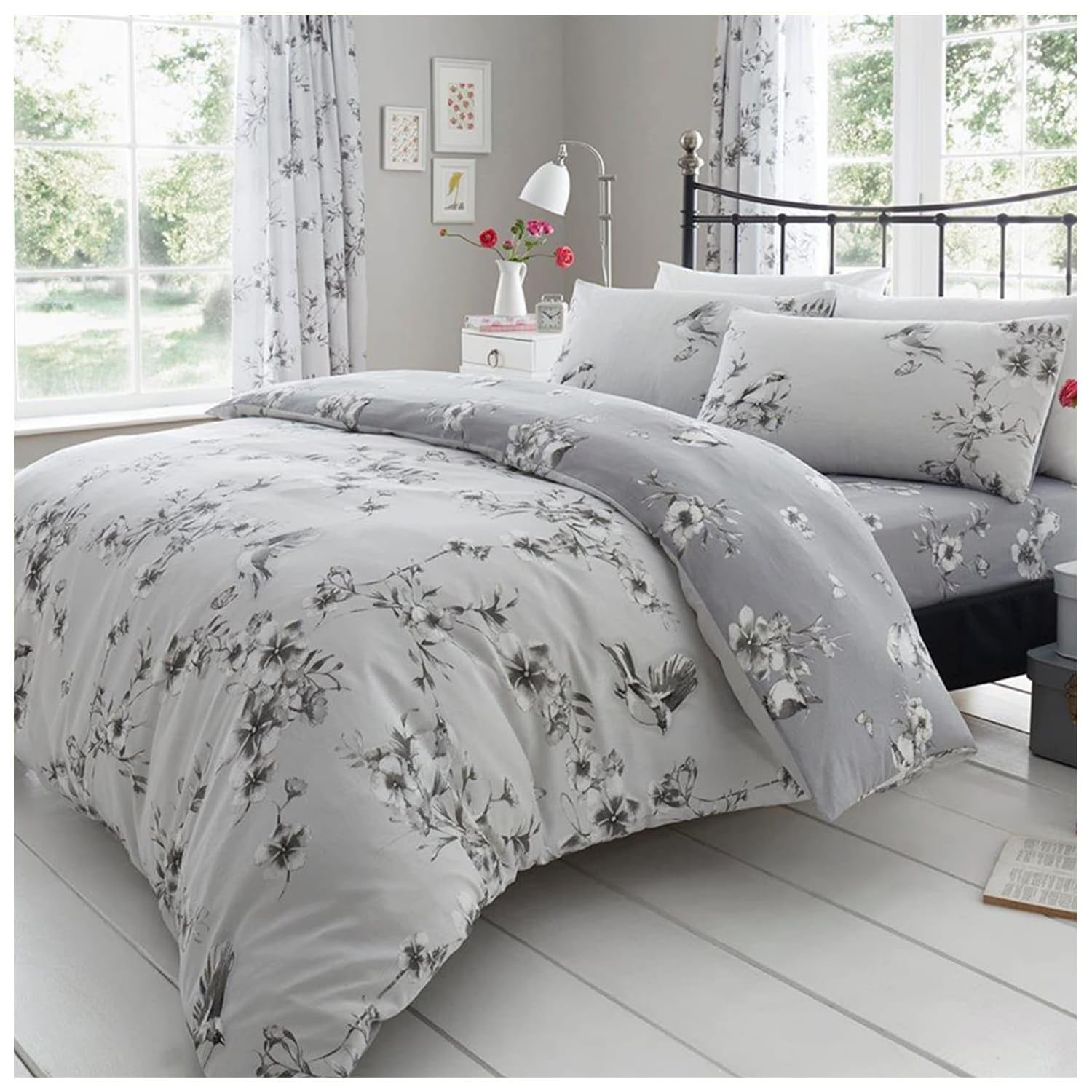 GC GAVENO CAVAILIA Luxury Breathable Soft & Cost Birdie Blossom Floral Bedding Set, Reversible Flowers Single Bed Duvet Cover Set, Easycare Birds Quilt Cover with Matching Pillowcase, Grey — image 1