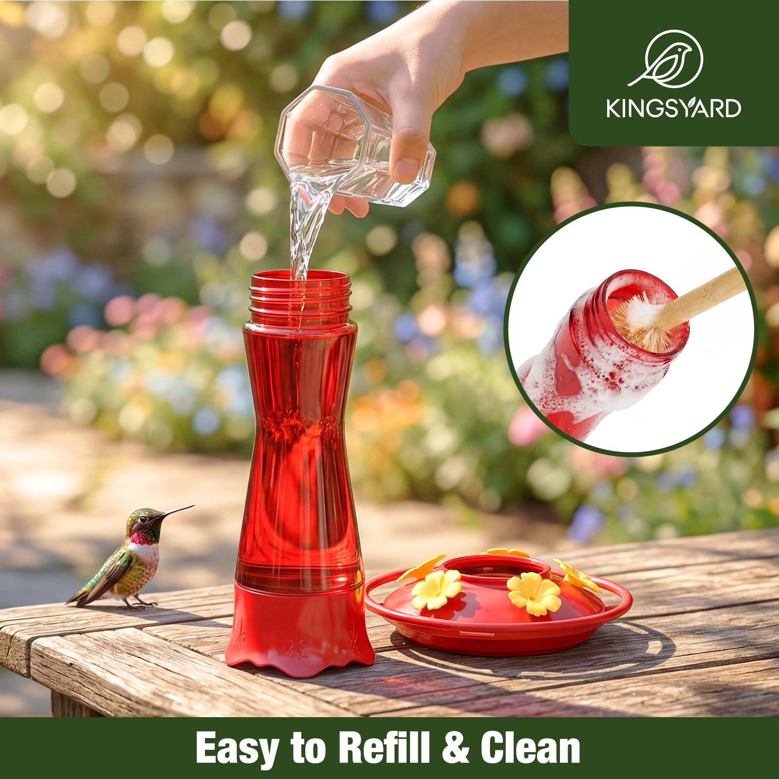 Kingsyard Glass Hummingbird Feeder for Outdoors Hanging, 10 oz Leak-Proof Humming Bird Feeders with Ant Moat & Bee Proof Feeding Ports, Hummingbird Gift for Bird Lovers (Red) - 5